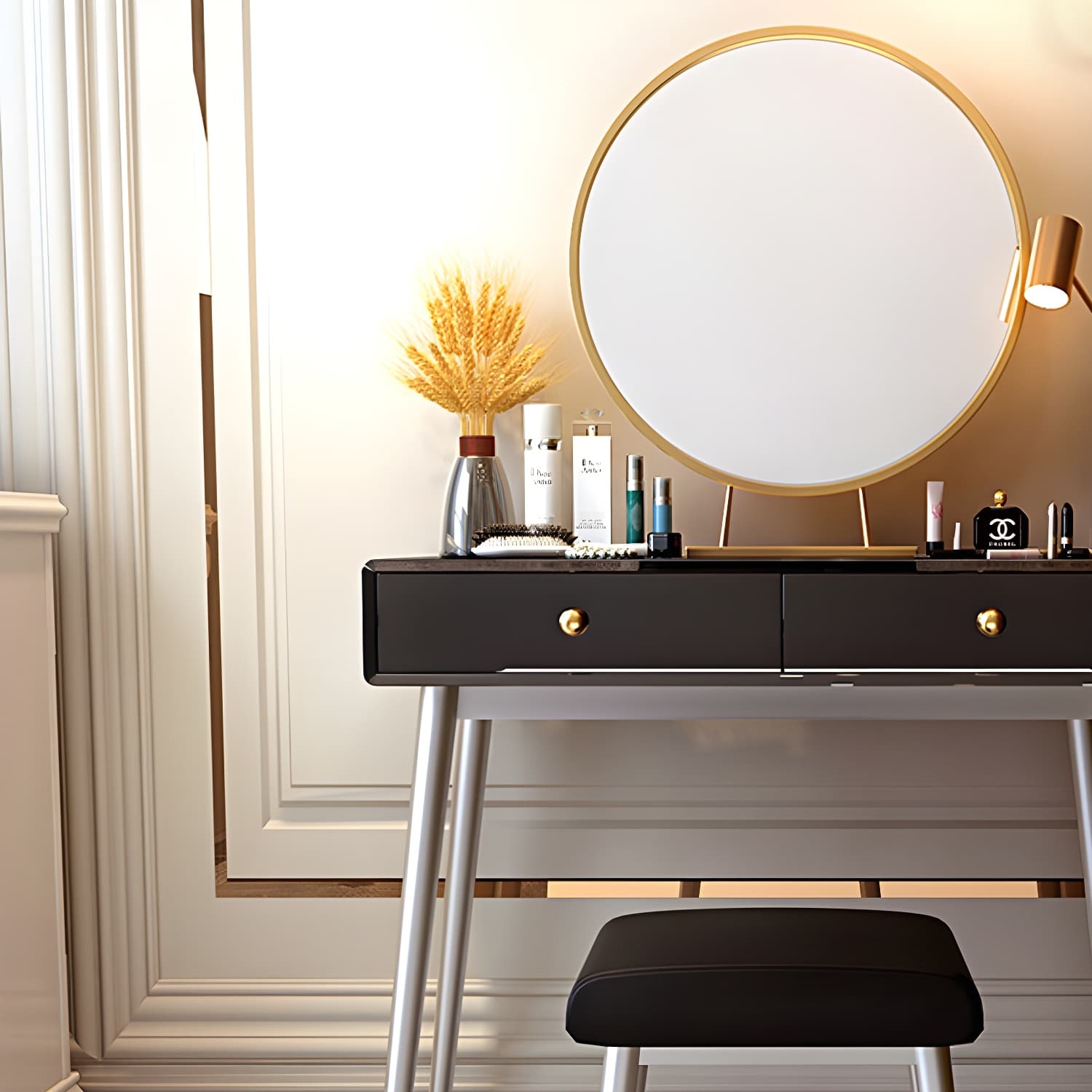 Glam 29.5" Height Wooden Makeup Vanity with Drawers and Mirror thumbnail 12