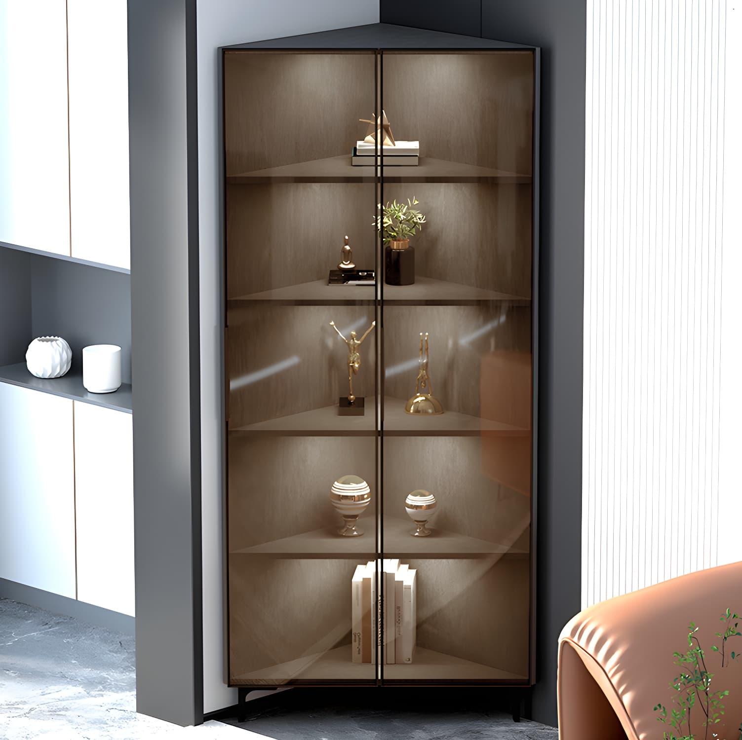 Modern Black Corner Accent. Wood Countertop. Glass Doors. Cabinets included thumbnail 8