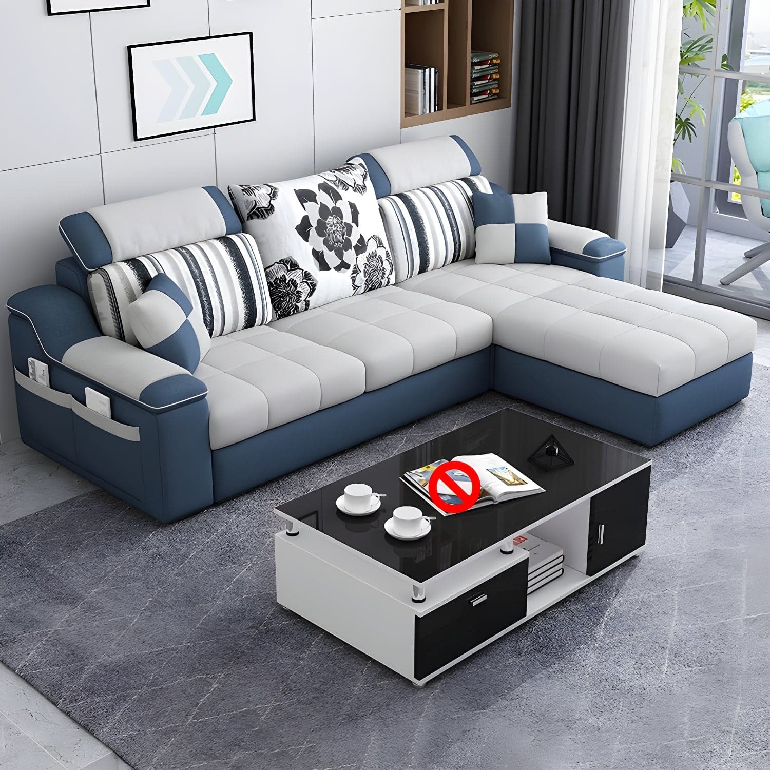 Reversible L-Shape Scandinavian Sectional Sofa with Ottoman and Adjustable Headrest in 2 Piece Set thumbnail 6