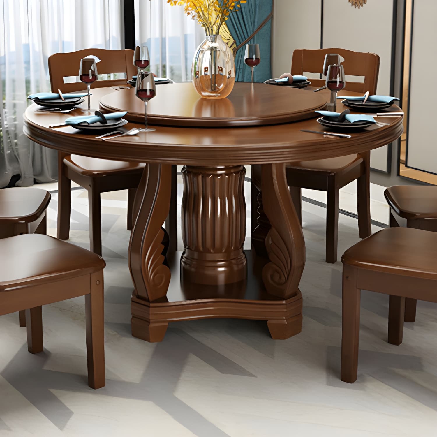 Contemporary Turntable Pedestal Dining Table Wood Dinner Table for Home thumbnail 9