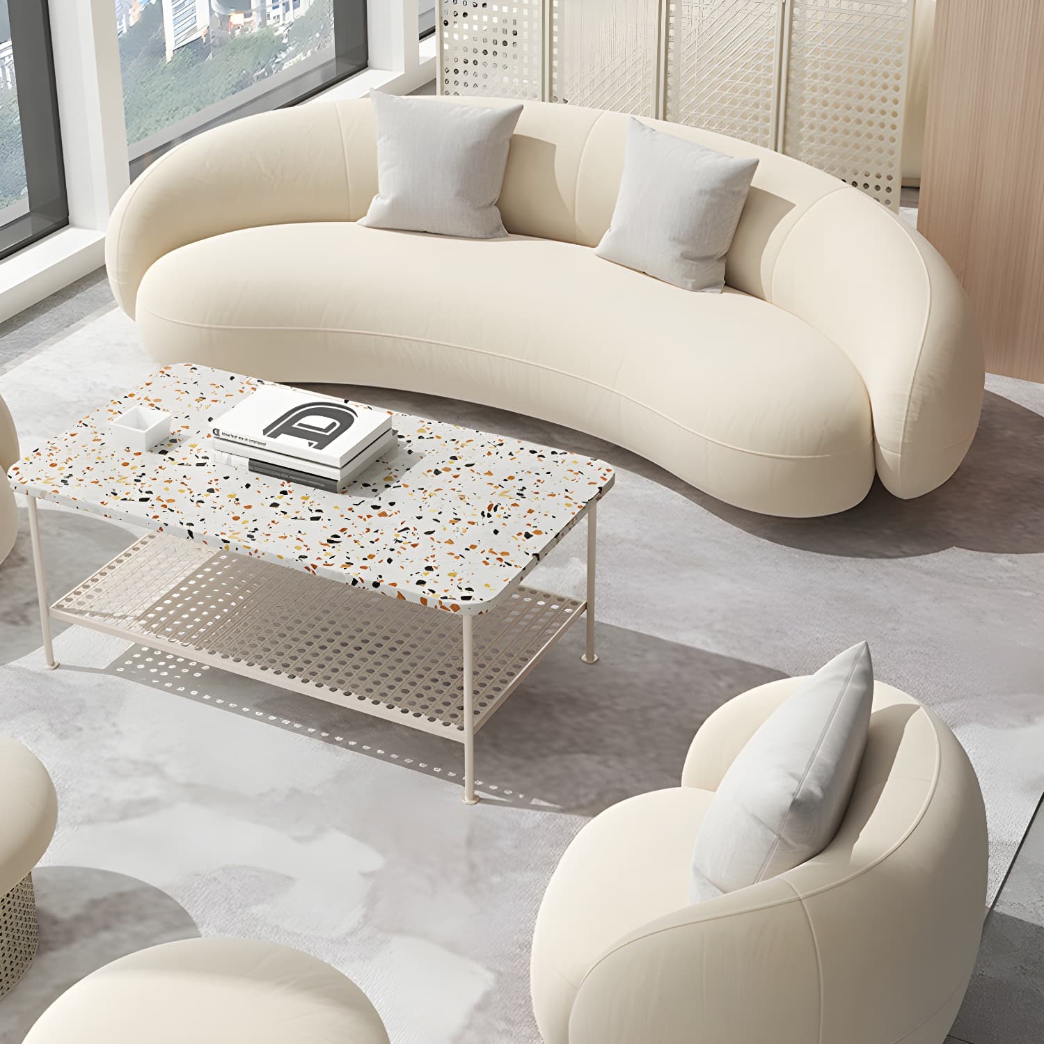 Beige Scandinavian Curved Sofa Tight Back Couch with Tuxedo Arm thumbnail 6