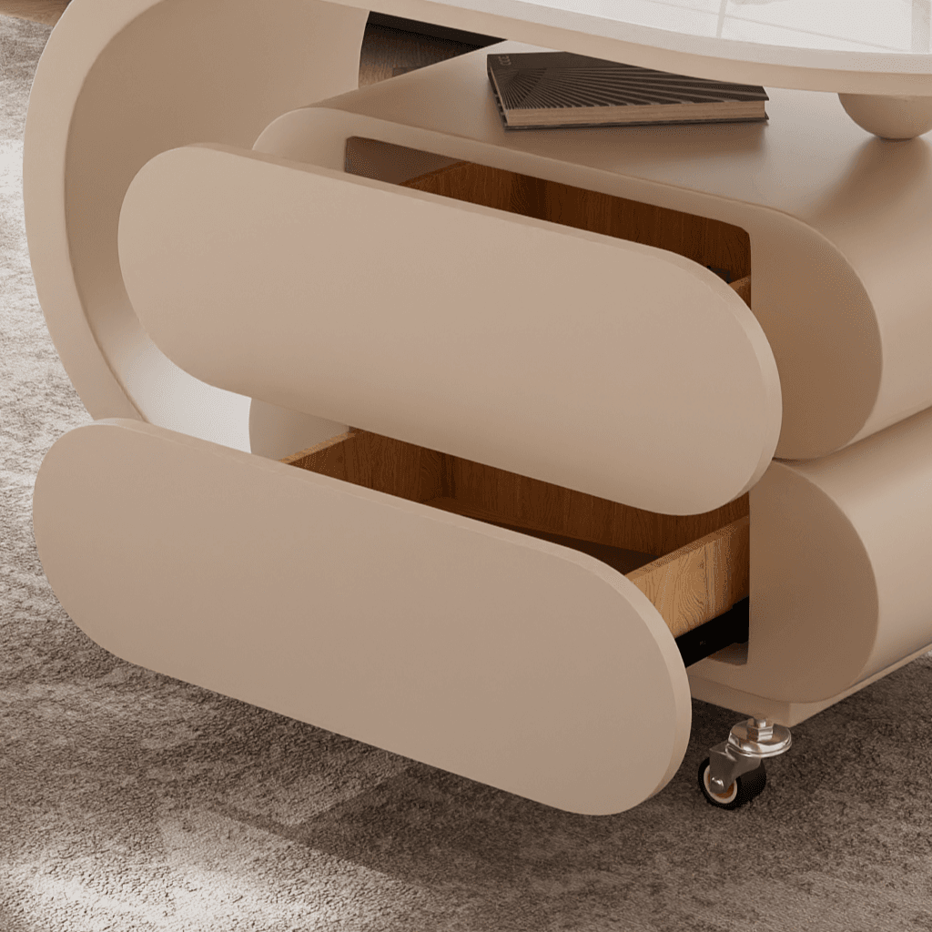 Simplistic Oblong Side Table with Wheel Base, Swivel Wheels, and Drawers thumbnail 7
