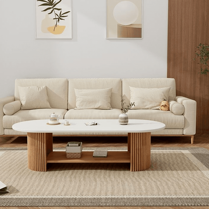 Oval Natural Wood Coffee Table with Twin Support Base, Repository, and 1 Shelf thumbnail 6