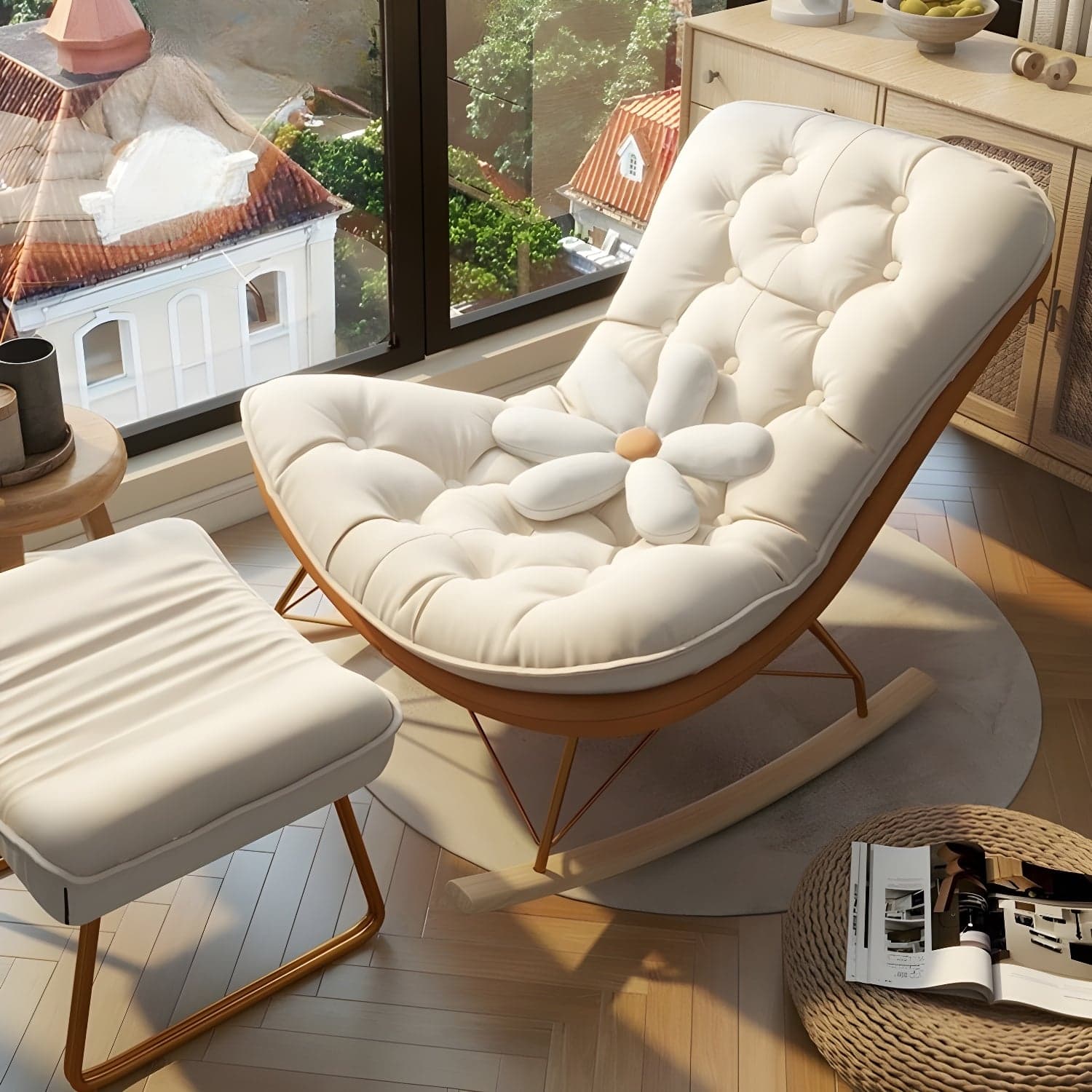 Contemporary Rocking Chair with Spindle Back, Tufted Upholstered and Wood Legs thumbnail 7