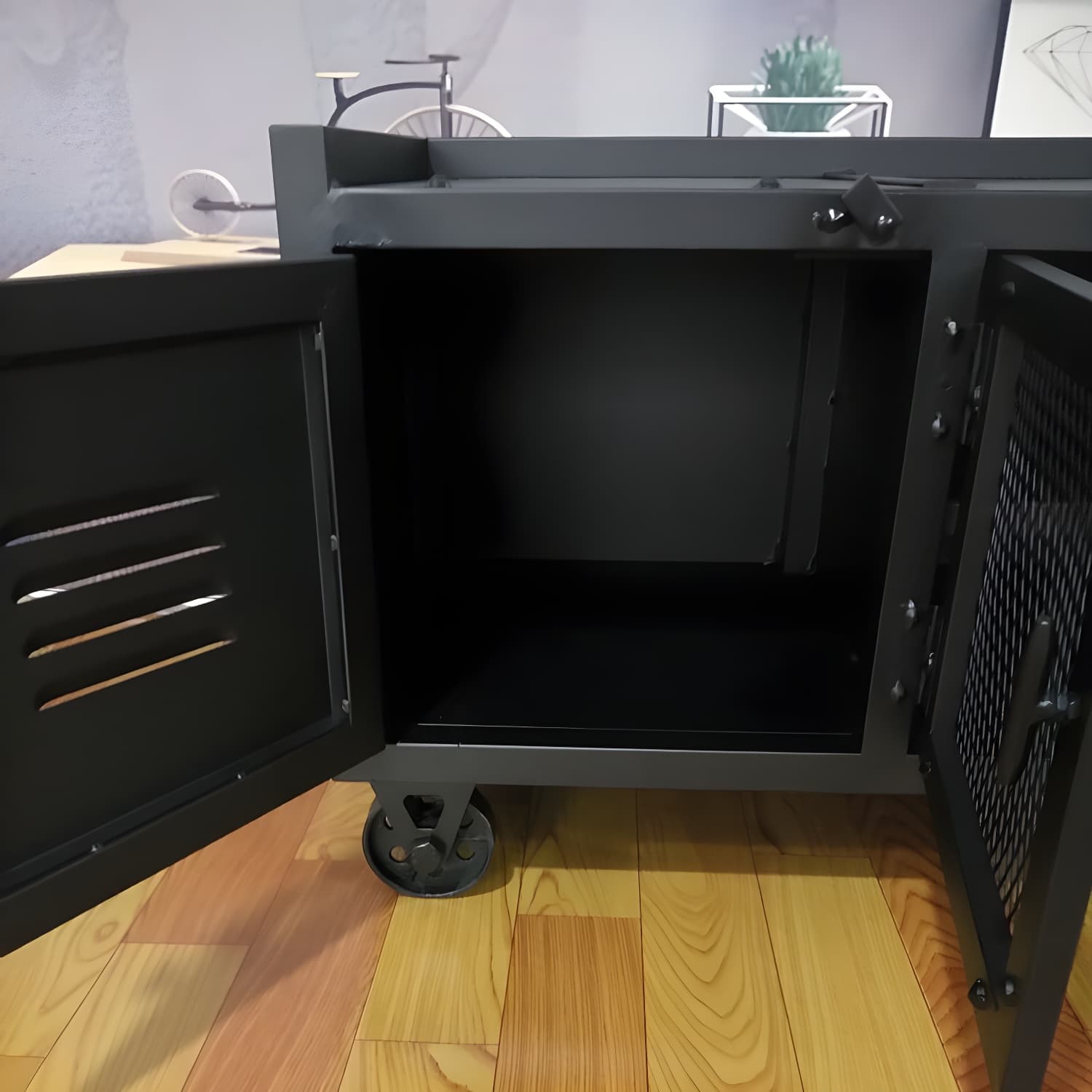 Metal Black TV Cabinet Industrial Style Home TV Stand Console with Casters thumbnail 7