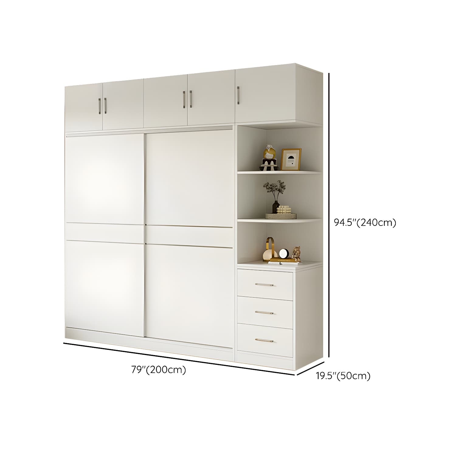 Modern White Wood Wardrobe Armoire with Sliding Doors, Shelves, and Soft Close Drawers thumbnail 34