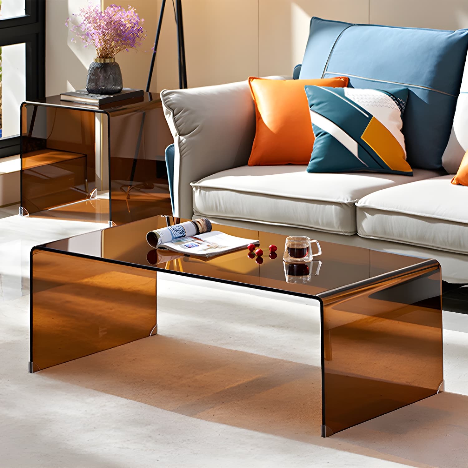 Brown Glass Sled Coffee Table Modern Rectangular 1 Single Cocktail Table thumbnail 3