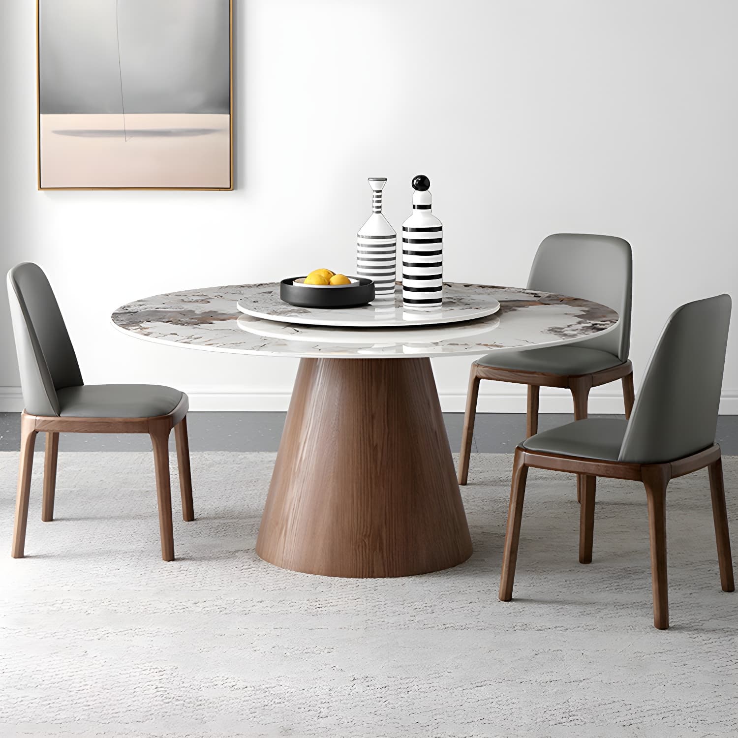 Round Sintered Stone Dining Table Stone Table in White with Pedestal thumbnail 4