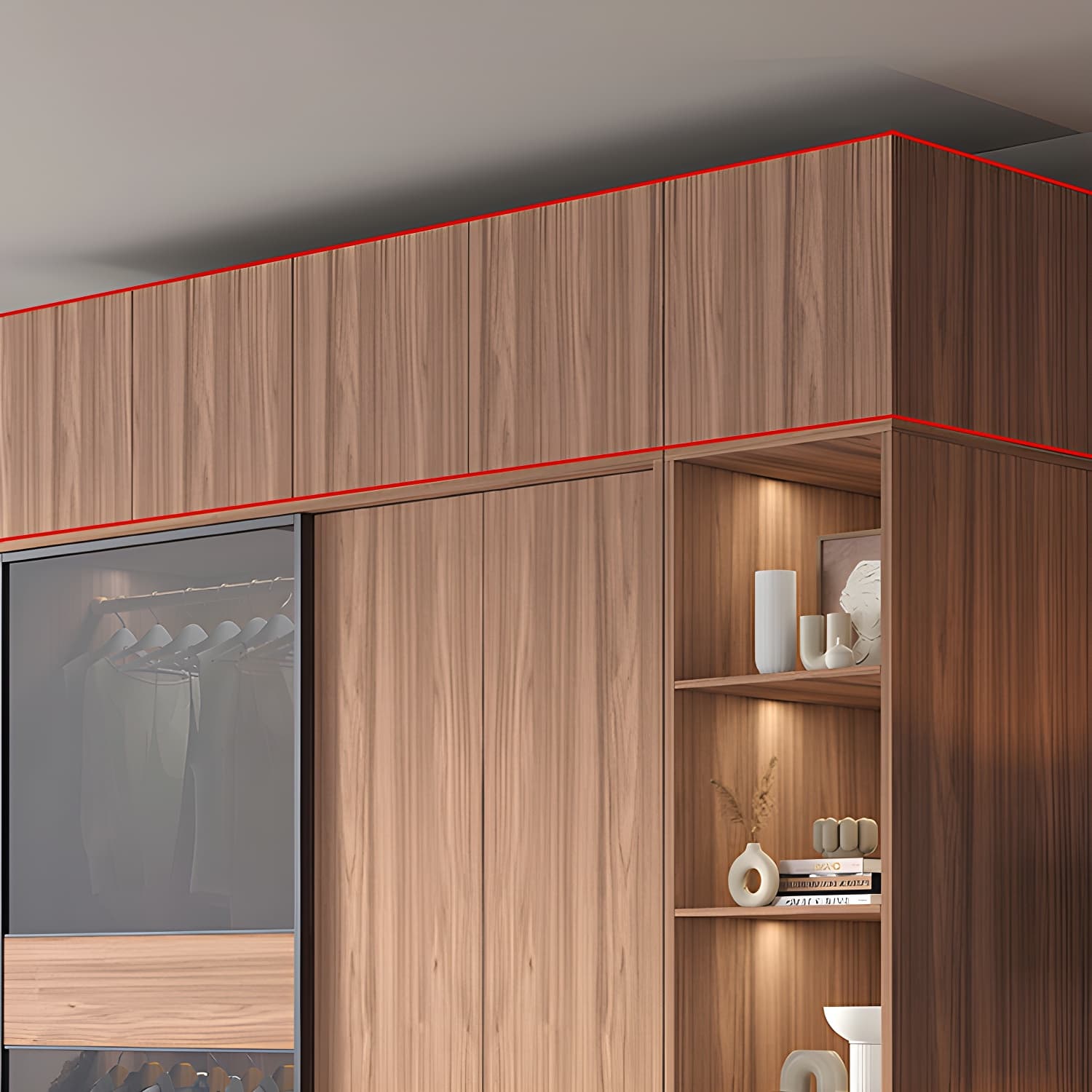 Glass and Wood Wardrobe Cabinet Brown Wardrobe Armoire with Garment Rod thumbnail 6