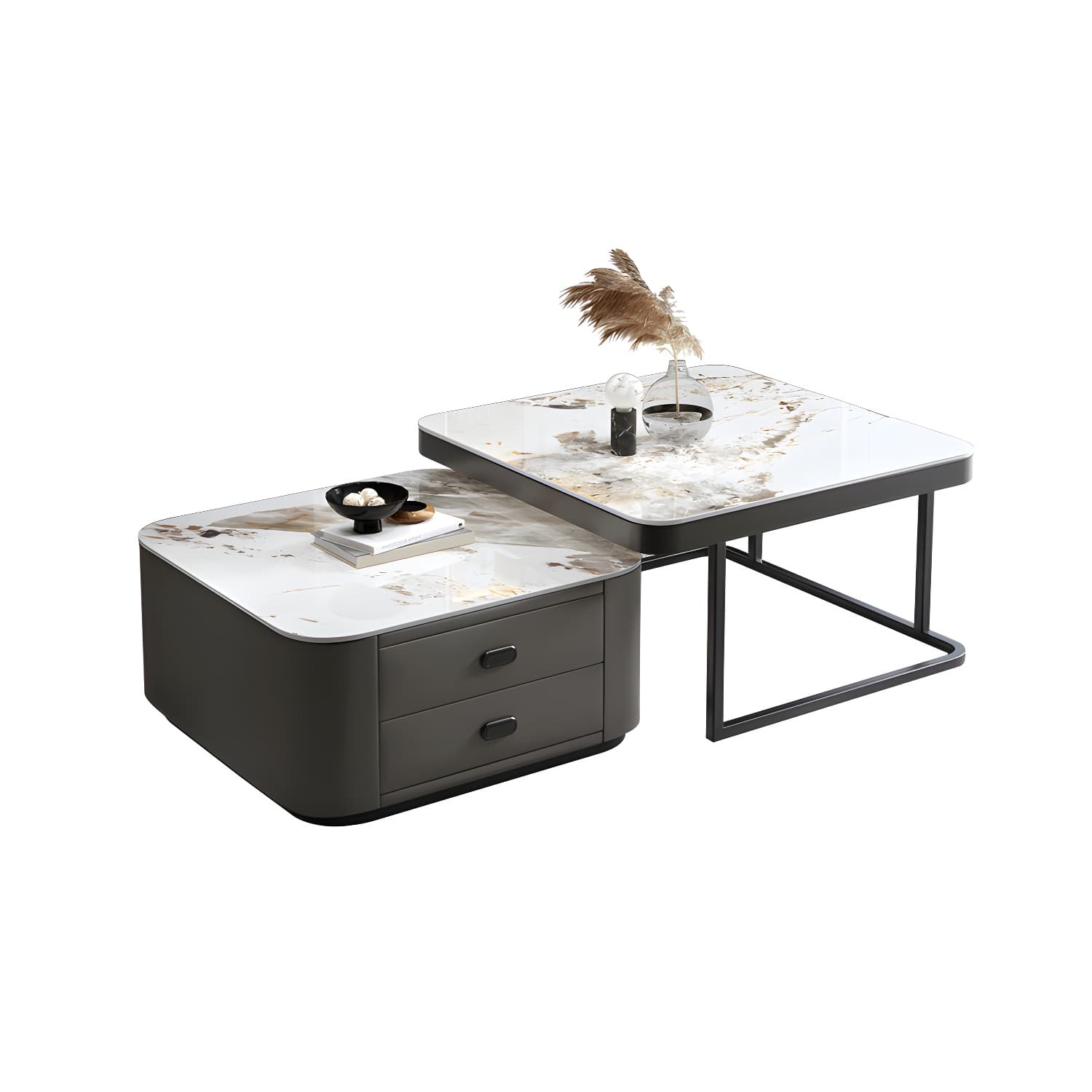 Square Coffee Table Glass Top 2 Nesting Coffee Table Set with Storage thumbnail 11