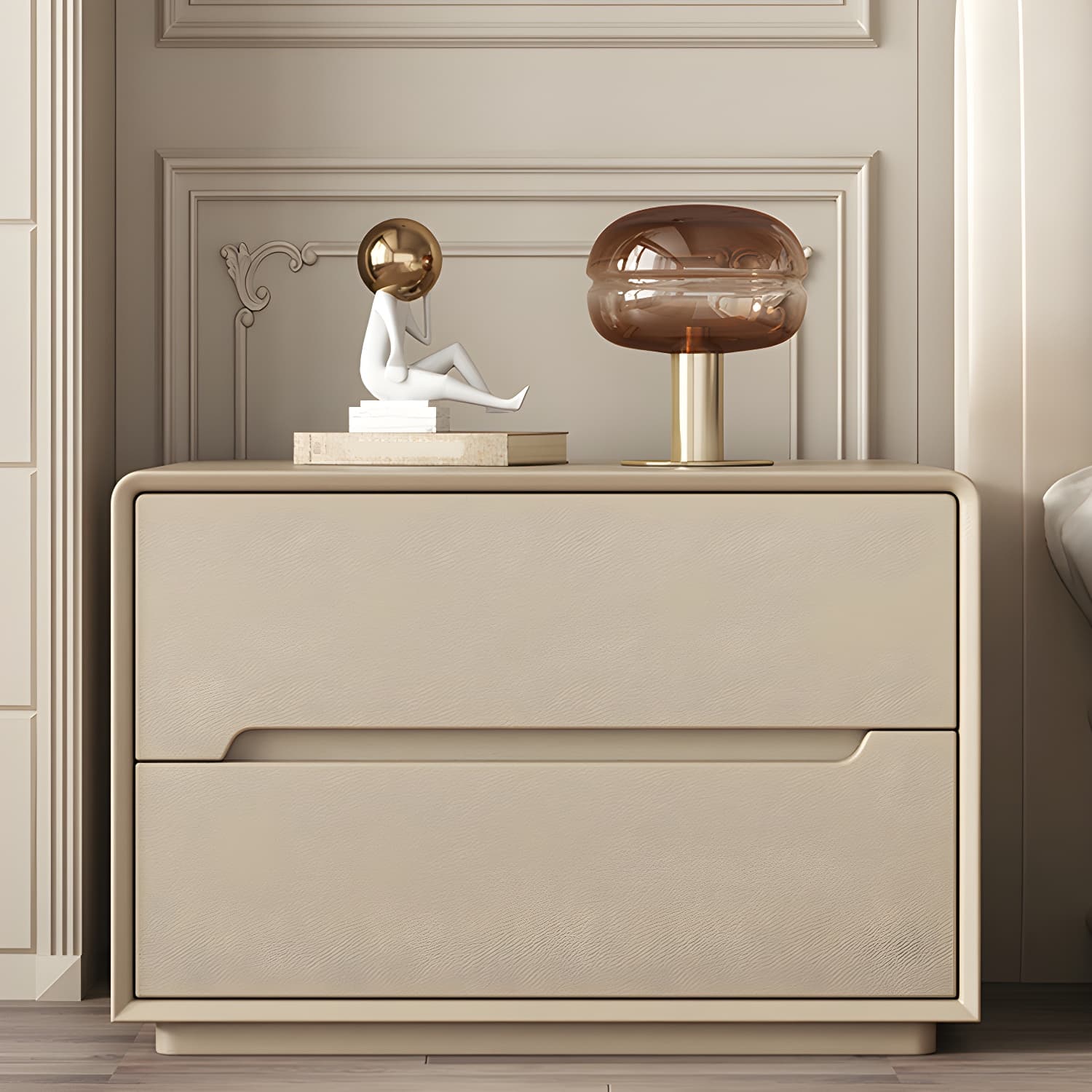 Modern Faux Leather Nightstand with 2 Drawers & No Distressing - Light Wood Tone thumbnail 4