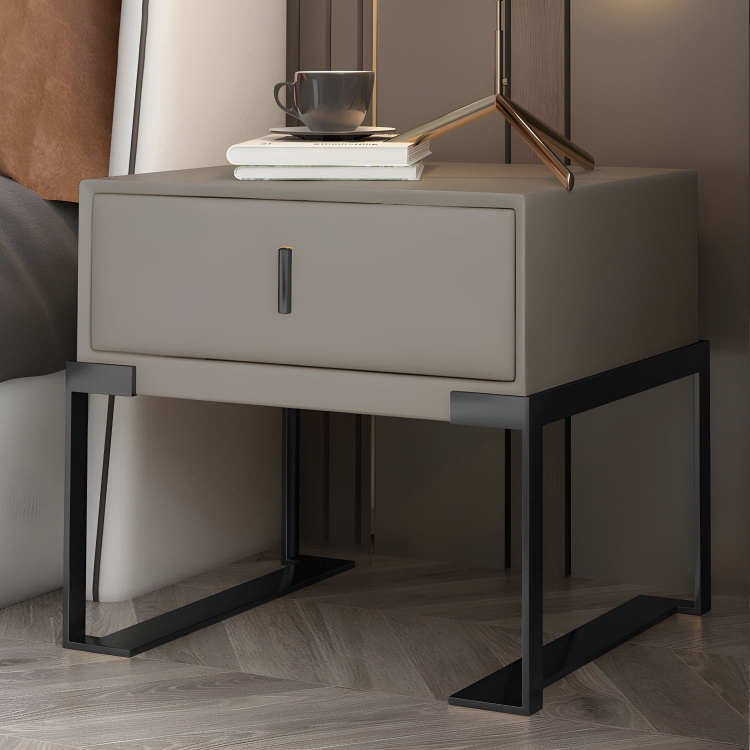 Faux Leather Nightstand 1-Drawer 21 Inch Tall Modern Legs Included Night Table thumbnail 14