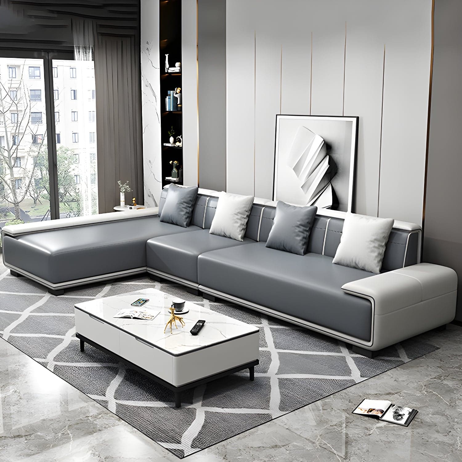 Faux Leather Sofa & Chaise with Pillows Modern U Sofa in Gray - 29.53" H thumbnail 21