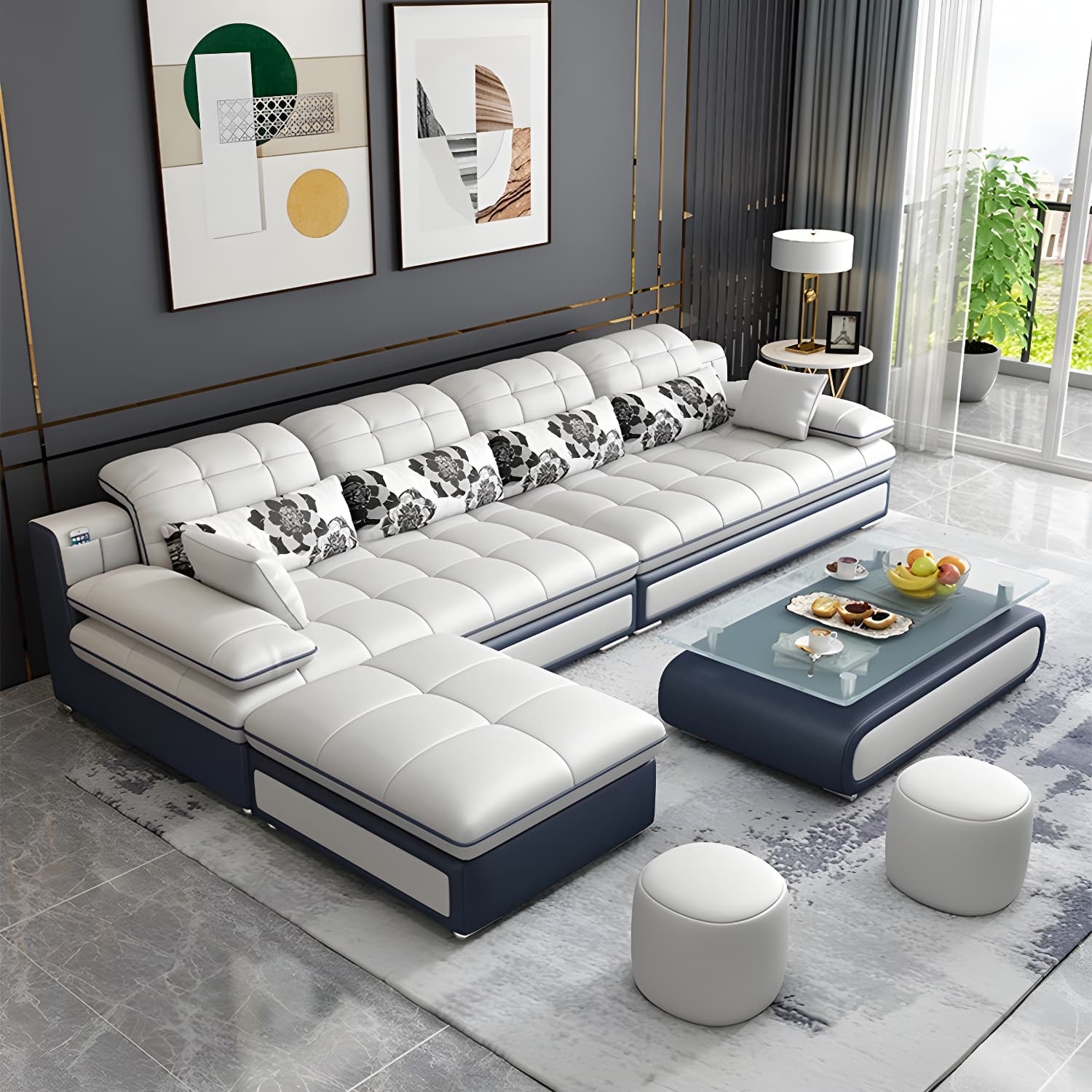 Contemporary Faux Leather Sofa & Chaise Biscuit Back Pillow Top Sofa thumbnail 3