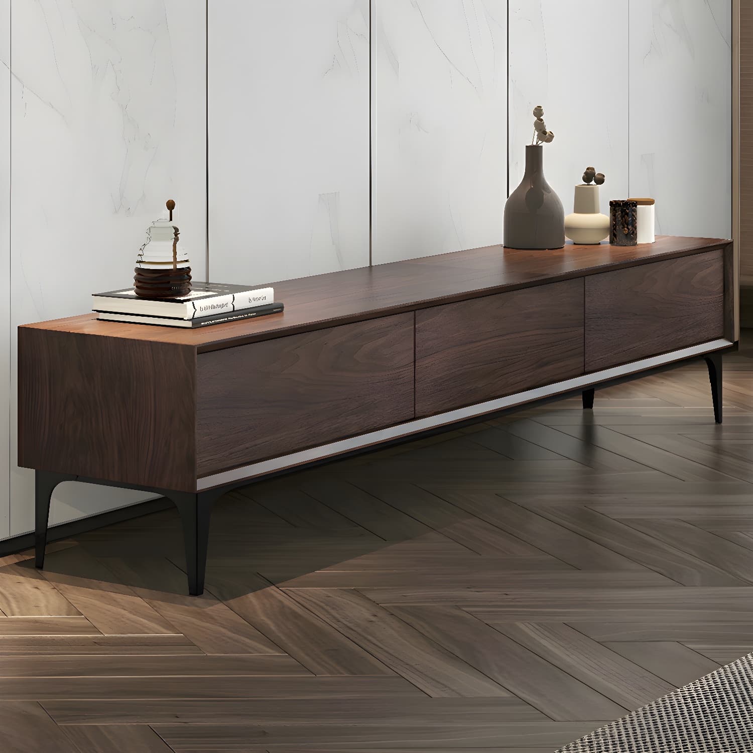 Scandinavian Style Wood TV Stand with Cable Management, Drawers Included - Low Height and With Legs thumbnail 3