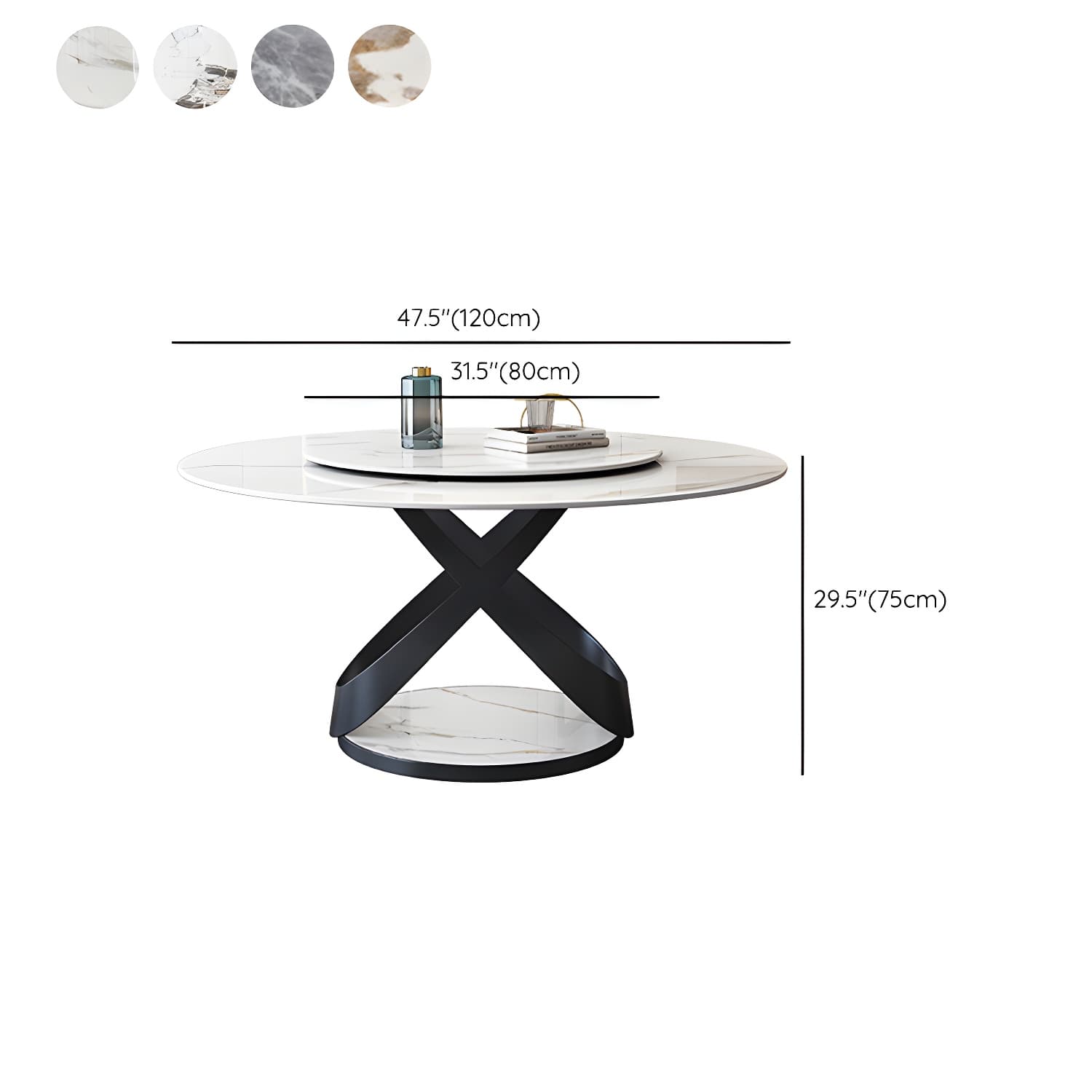 Modern Round Stone Top Lazy Susan Dining Table with Black Steel Pedestal thumbnail 19