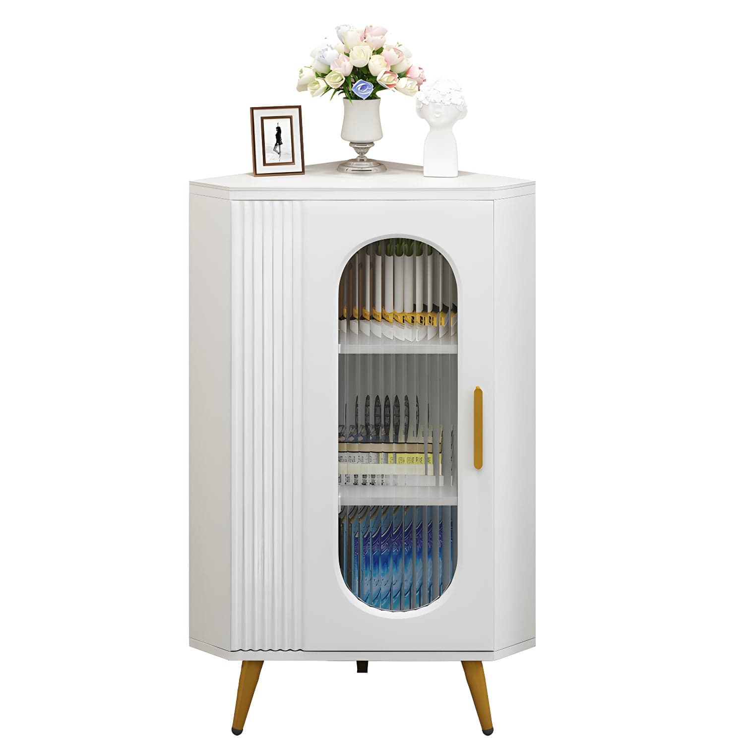 Elegant Corner Modern Accent Cabinet with Glass Doors and Metal Base thumbnail 3