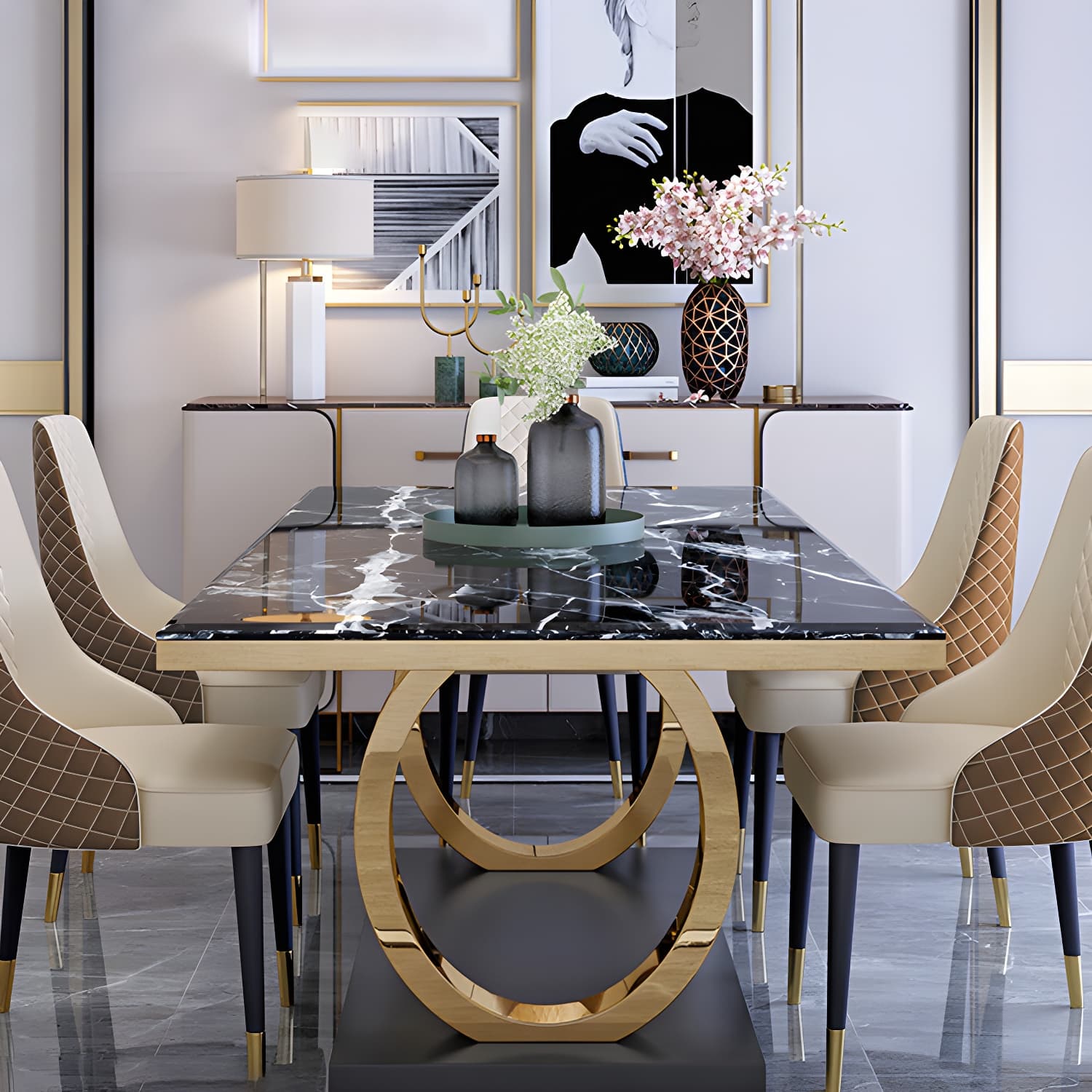 Modern 1/4/5/6/7 Pieces Black Dining Table Set with Marble Top Rectangle Dinette Set thumbnail 1