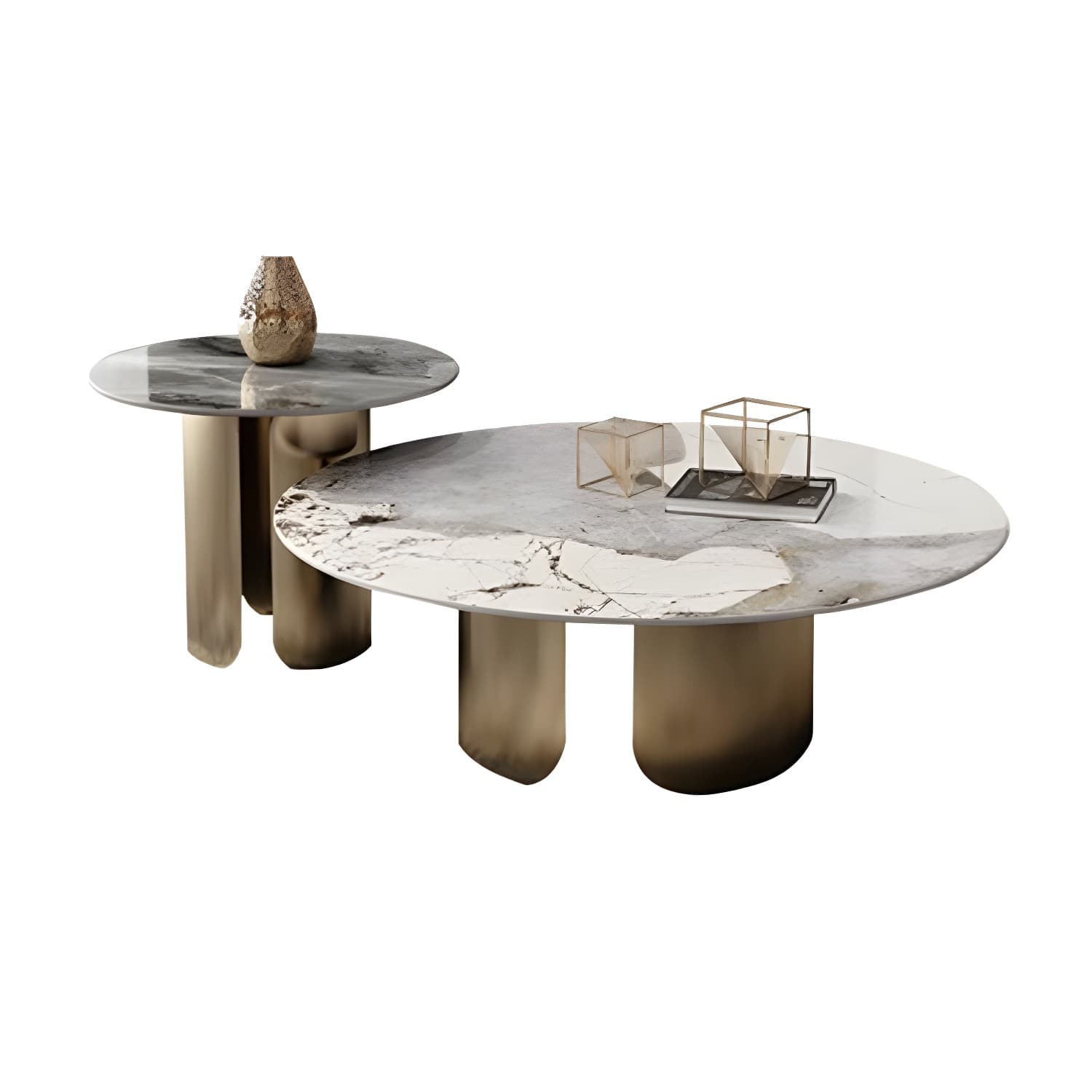 Chic Modern Round Beige Stone Top Coffee Table with Industrial Iron Base thumbnail 11