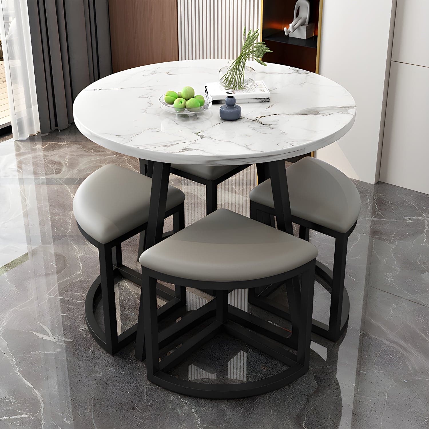 Round White Wood Tone Modern Dining Set with Metal Pedestal Base - Seats 4 thumbnail 6
