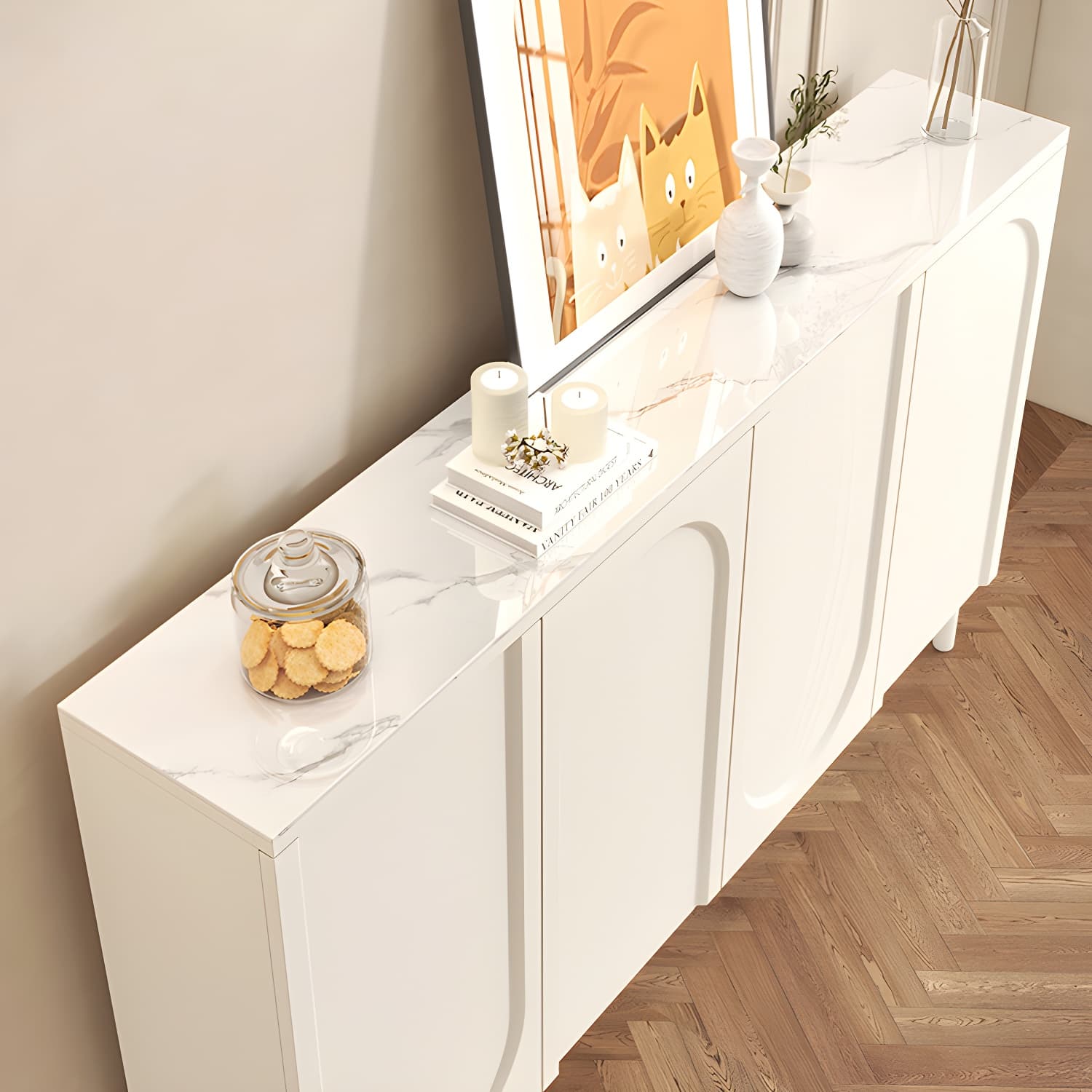 Scandinavian Wood Buffet Sideboard with Stone Countertop and Adjustable Shelves thumbnail 9