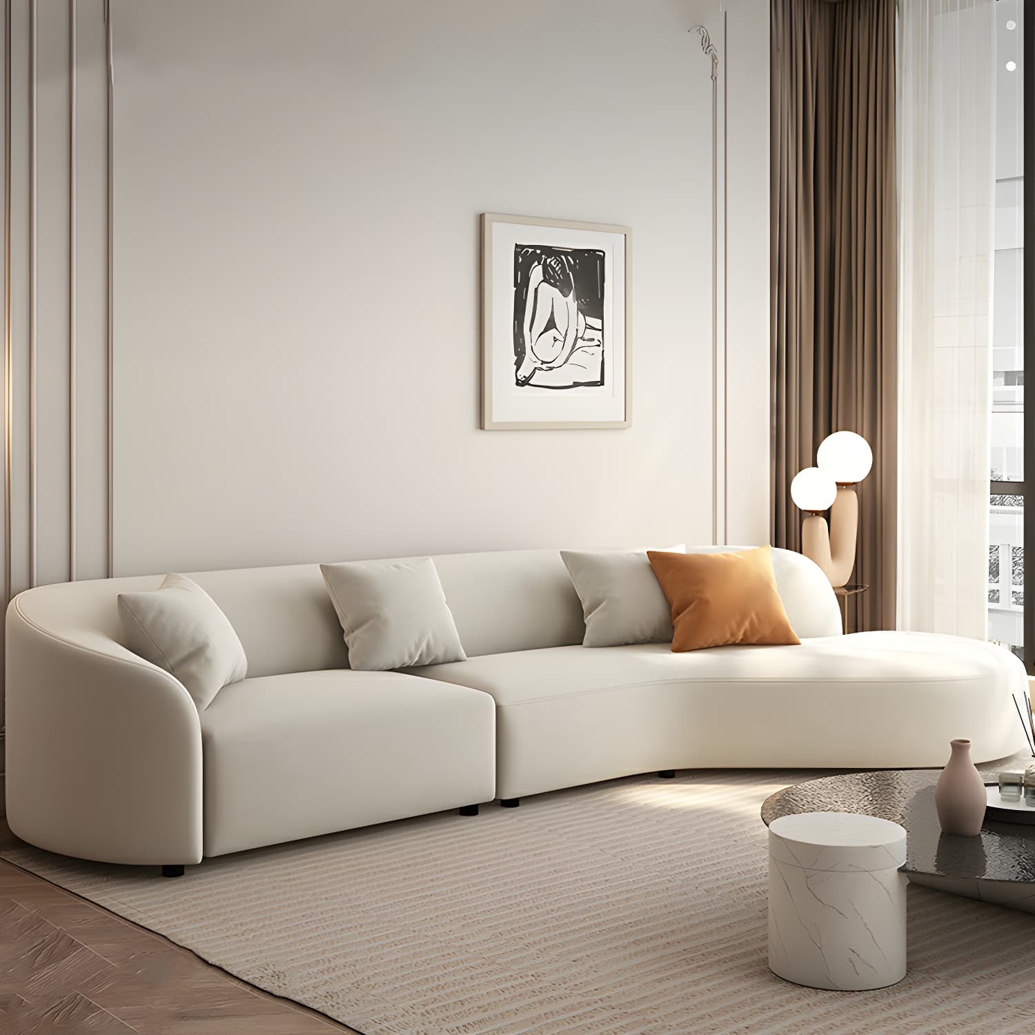 Modern Beige Tech Cloth Stationary Sectional Sofa with Wood Frame and Flared Arms thumbnail 3