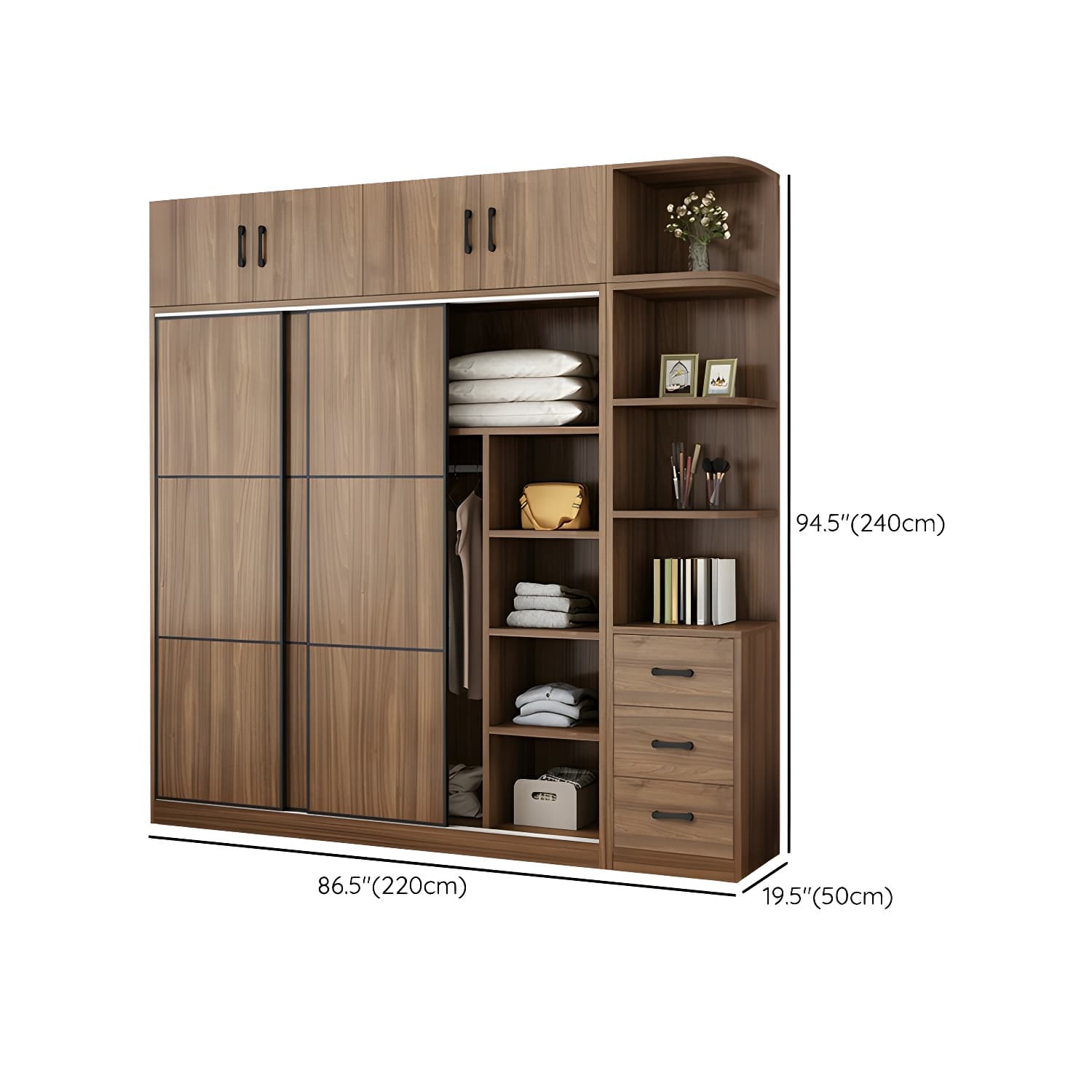 Non-Adjustable Traditional Brown Wood Wardrobe Armoire with Sliding Doors & Soft Close Drawers thumbnail 31