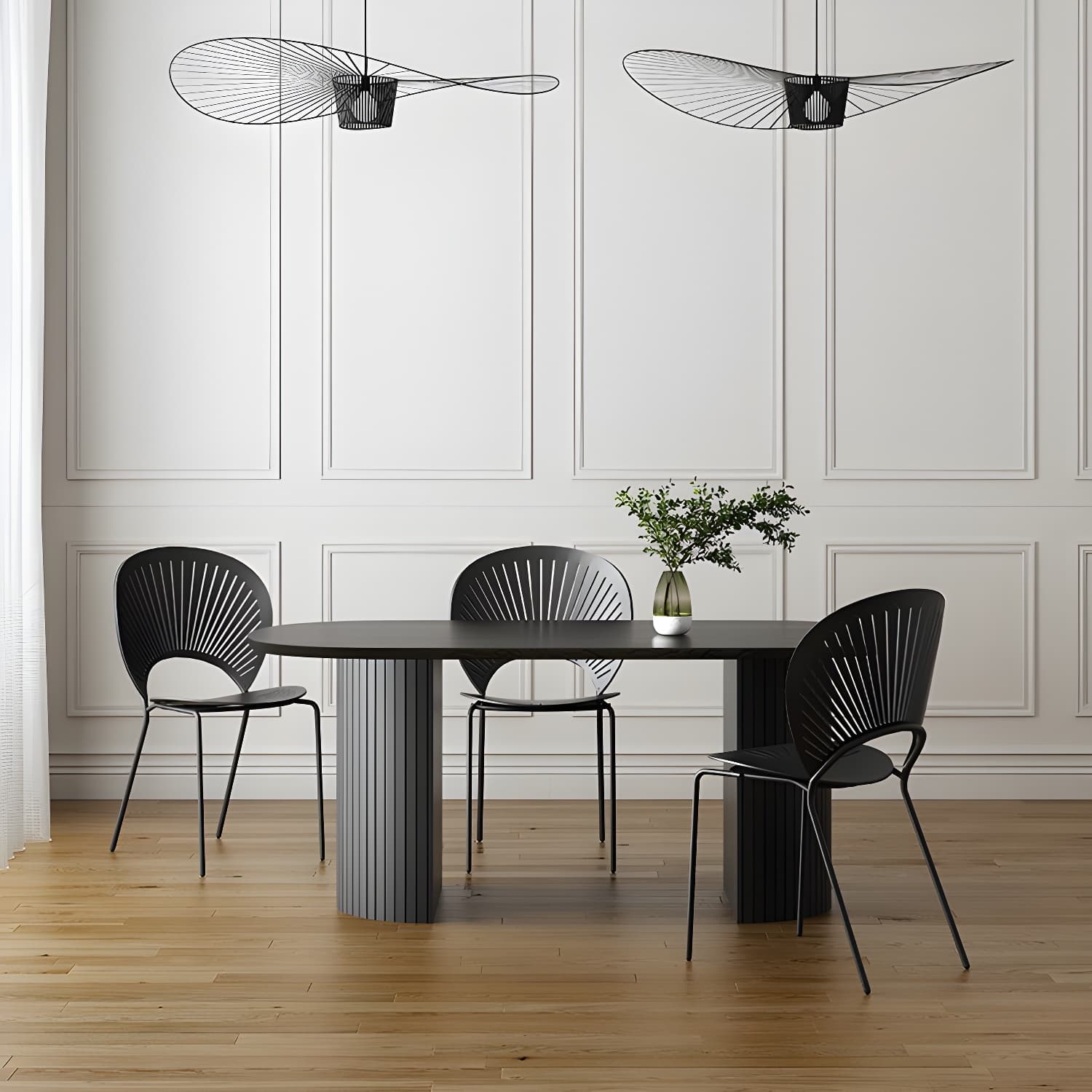 Modern Oval Dinette Table Sintered Stone Top Black Steel Double Pedestal Table thumbnail 4