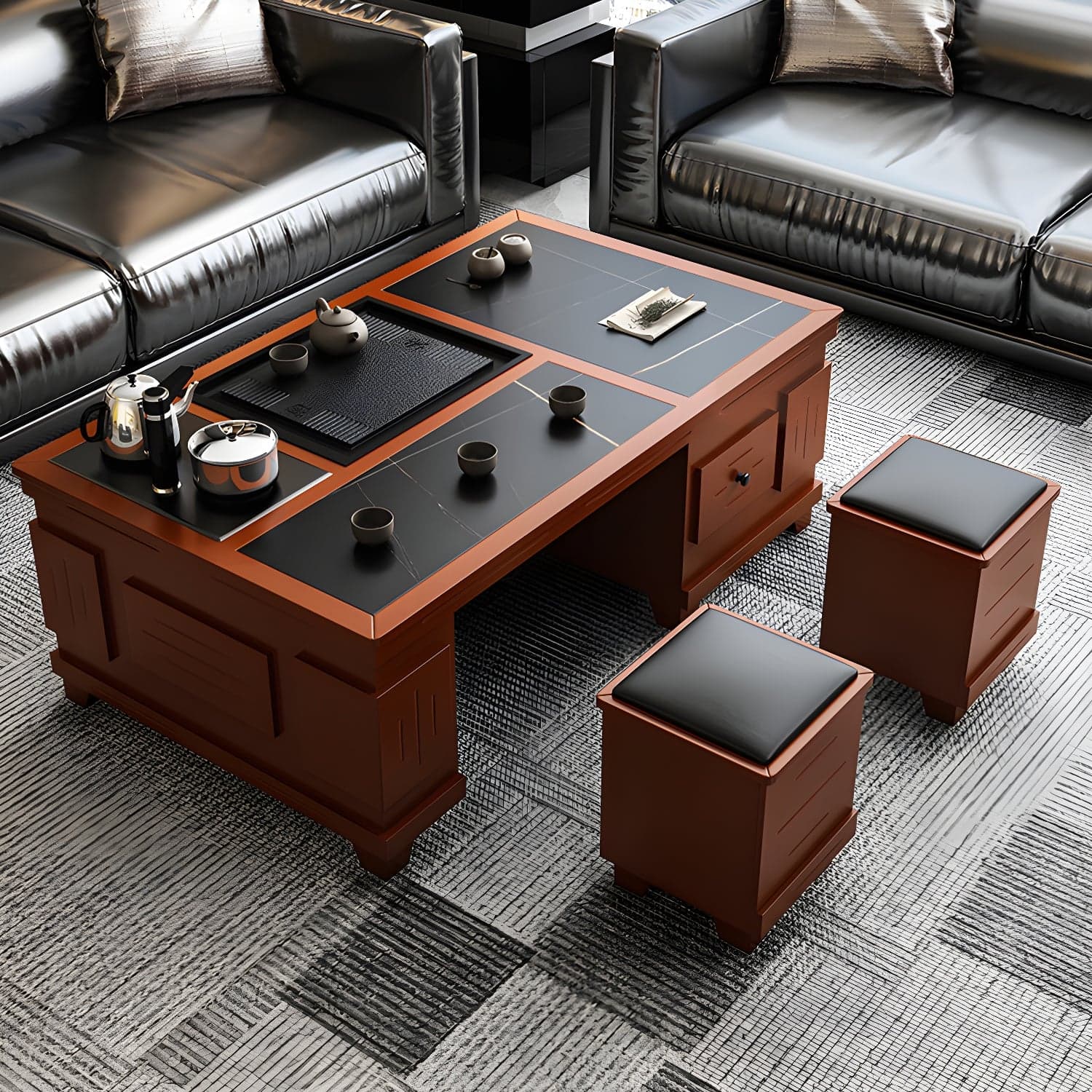 Abstract Slate Coffee Cocktail Table with Storage Drawers Rectangle thumbnail 2