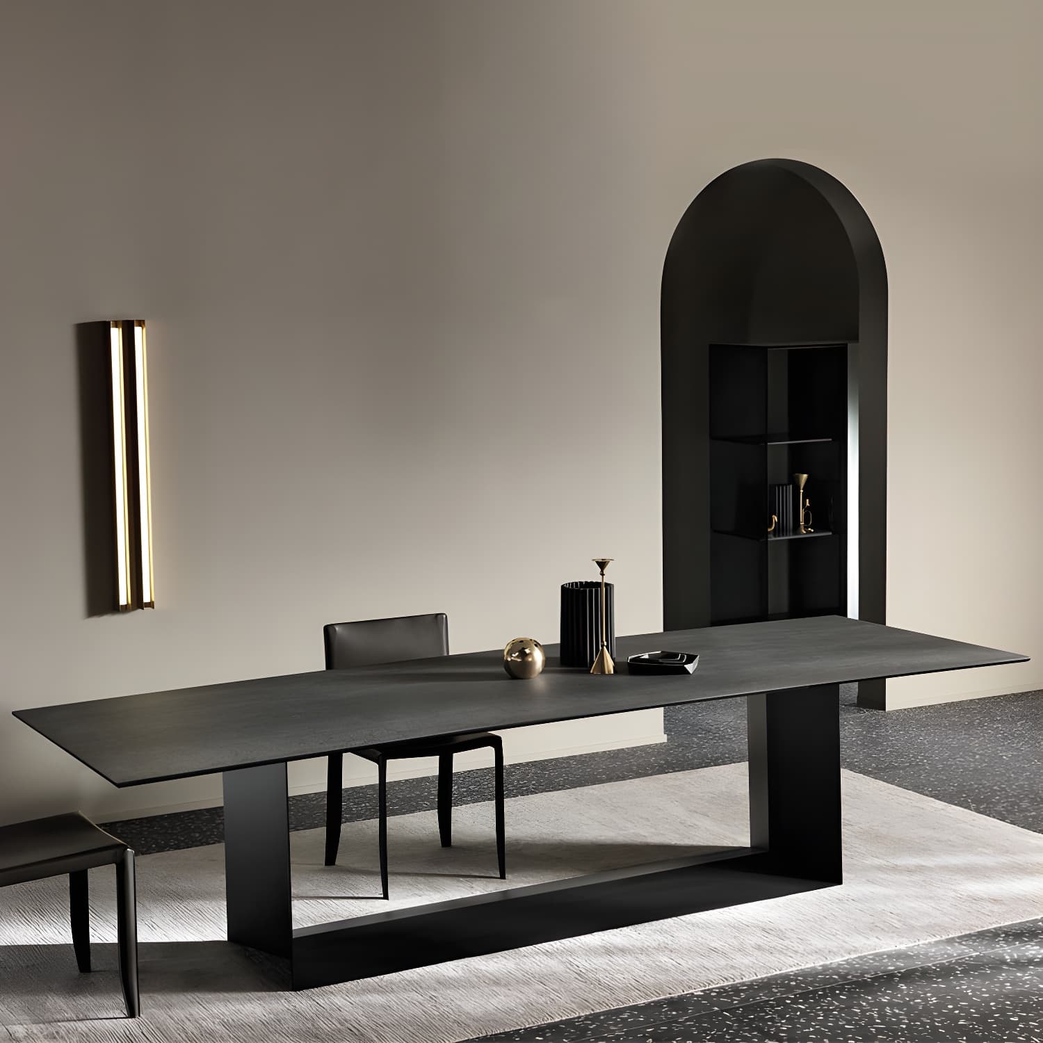 Rectangle Stone and Metal Dining table Modern Trestle Base Dining Table thumbnail 4