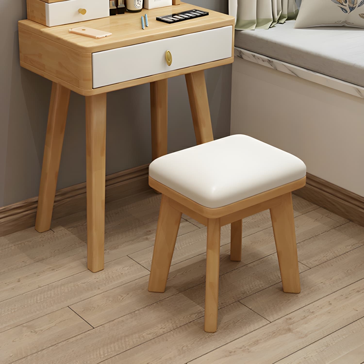 Modern Wood Makeup Vanity with Drawers, Mirror & Upholstered Chair thumbnail 15