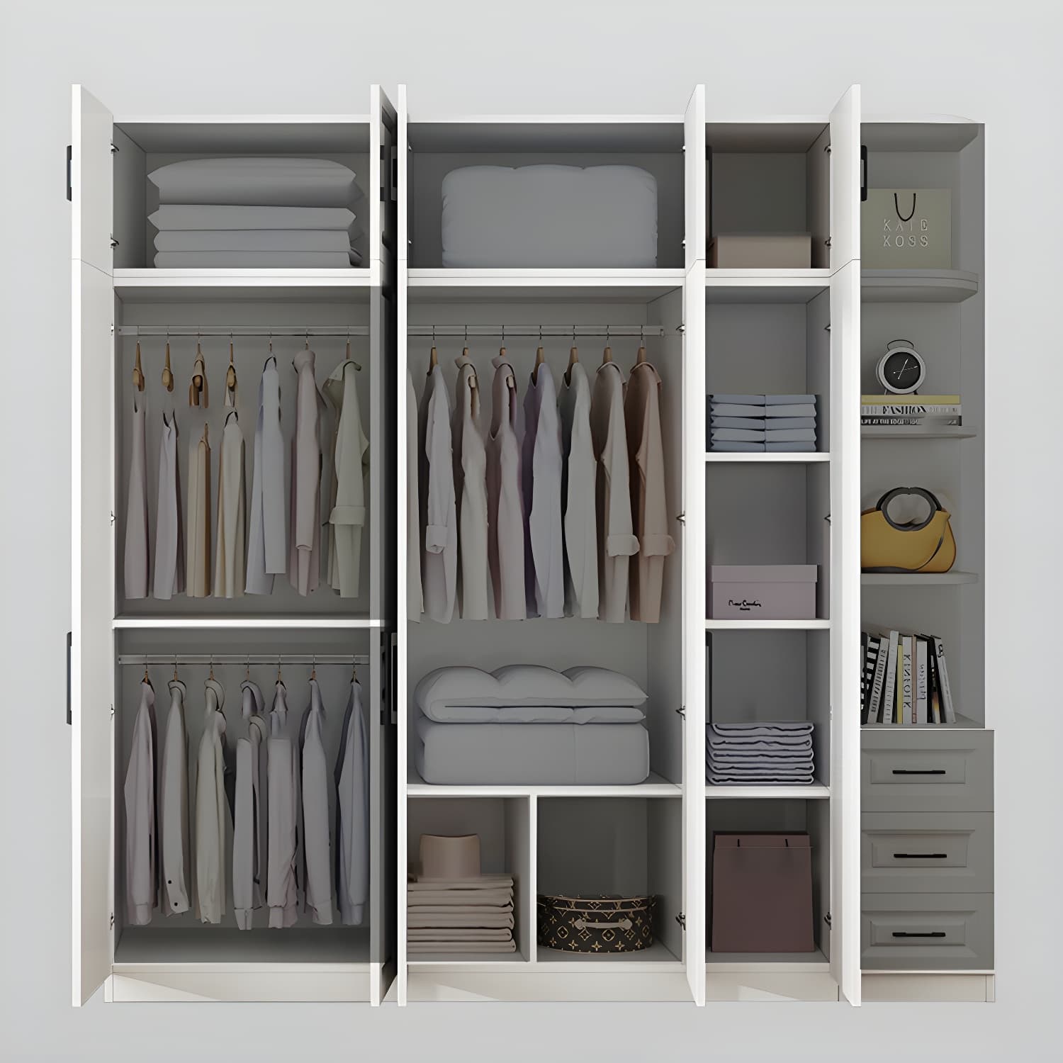 Modern White Wood Wardrobe Armoire with Shelves & Clothing Rod - Spacious and Stylish thumbnail 7