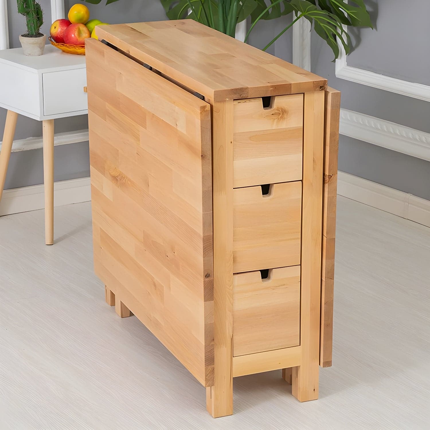 Modern Birch Wood Drop Leaf Rectangle Kitchen & Dining Table with Pedestal Base and Storage Included thumbnail 7