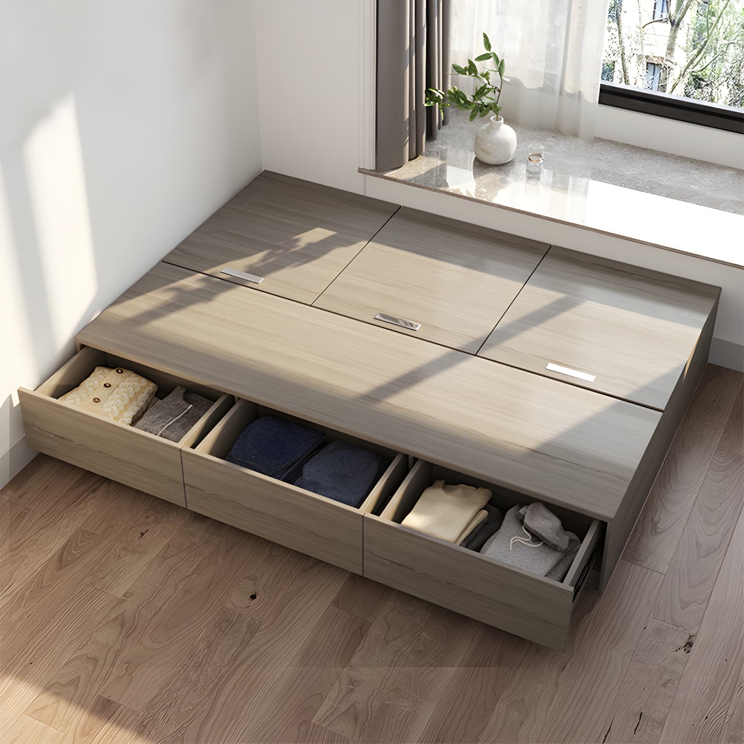 Light Brown Platform Bed Scandinavian 13.77" Tall Bed Frame with Storage Drawers thumbnail 3