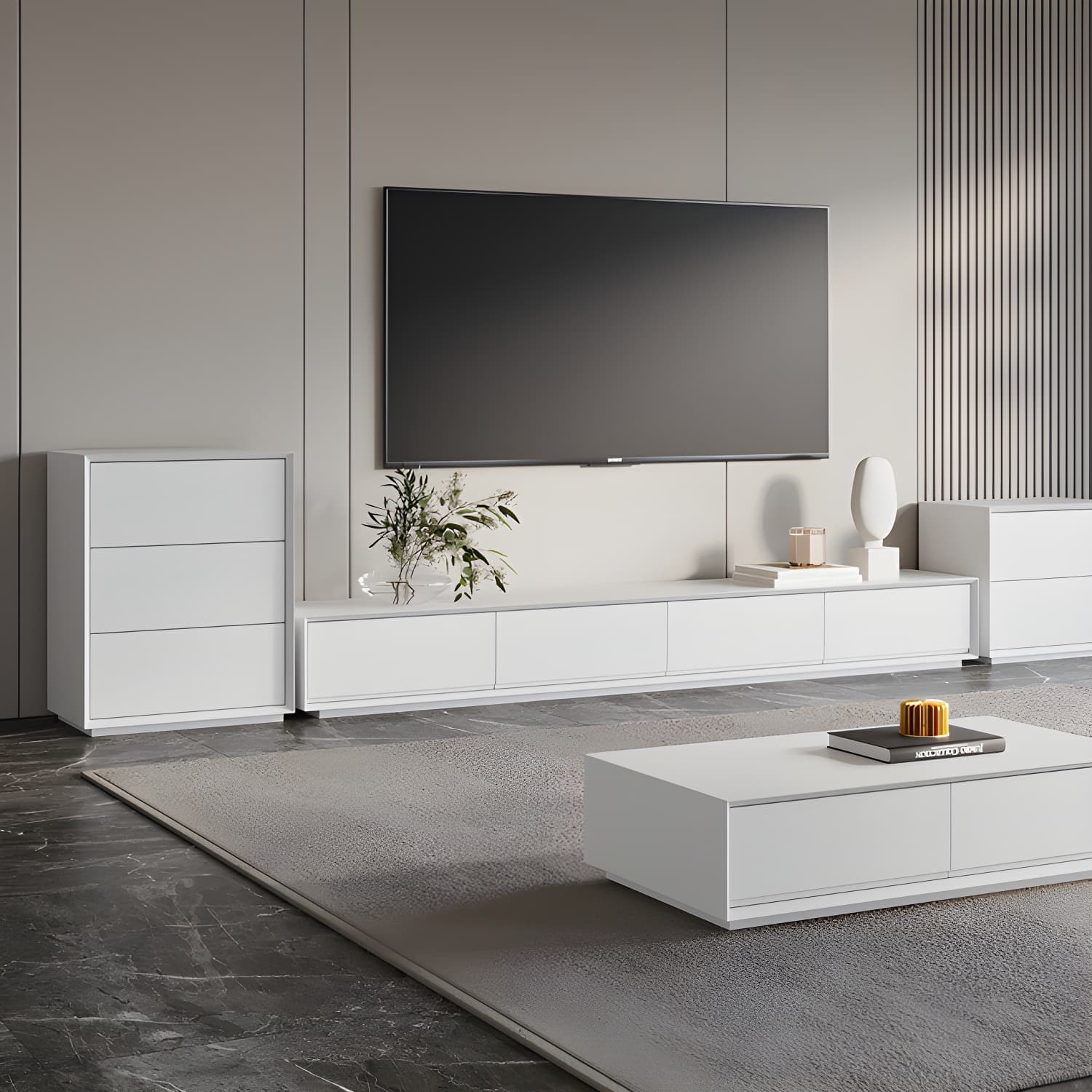 White Wood TV Stand Modernism TV Stand With Drawers for living Room thumbnail 14