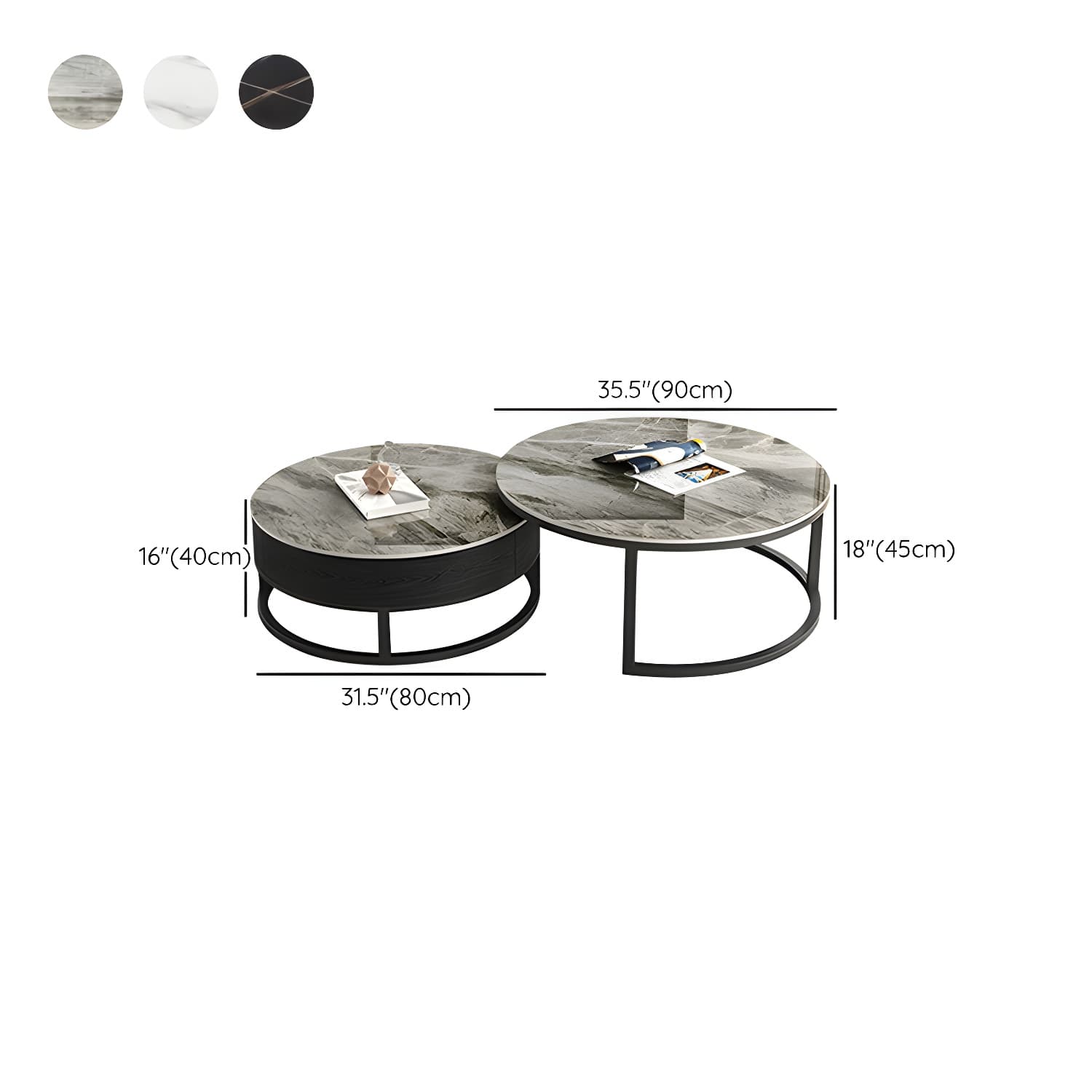 Set of 2 Round Stone Top Modern Nesting Tables with Black Metal Frames and Drawers Included thumbnail 17