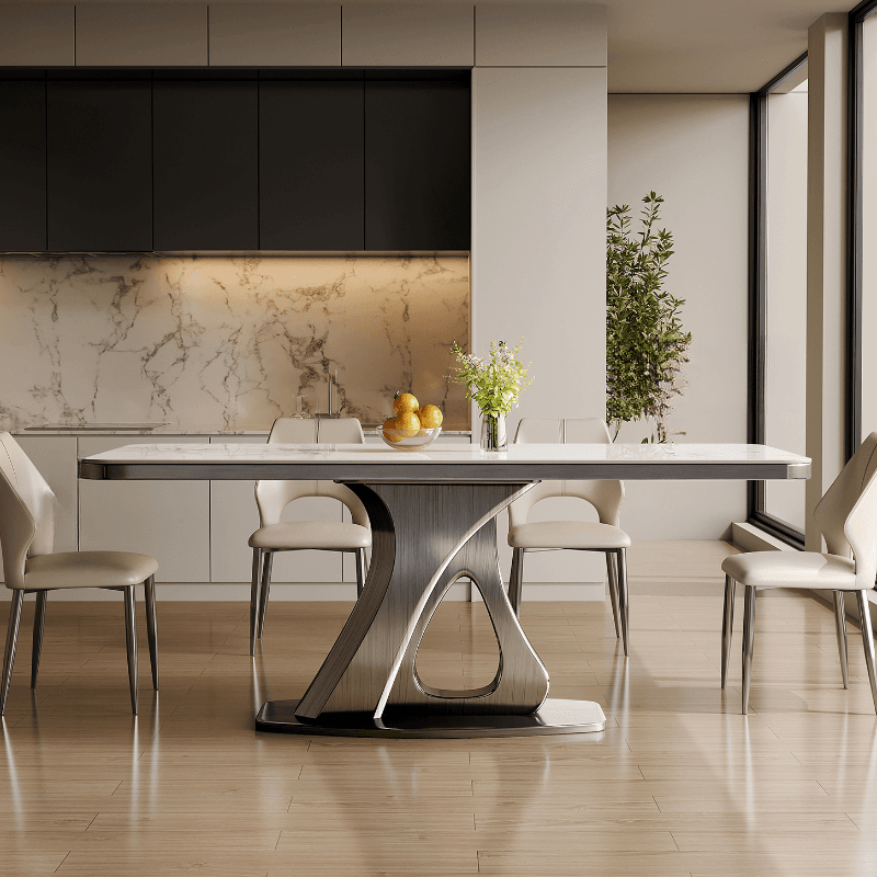 Dining Table Set with Slate Stone Top, Stump Base, Fixed Table, Padded Chair with Back in White thumbnail 4