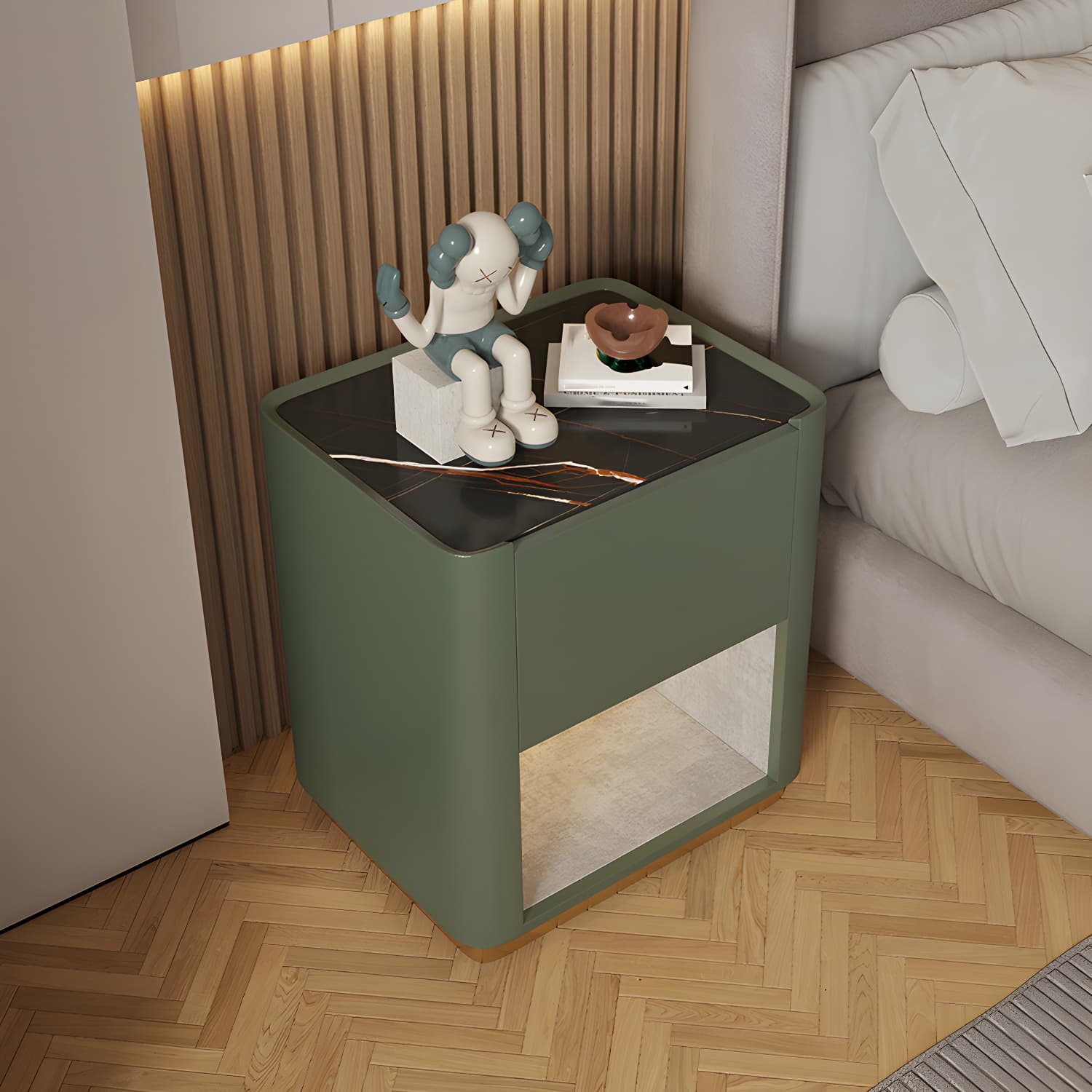 Modern Solid Wood and Slate Night Table Drawer Storage Bed Nightstand thumbnail 2