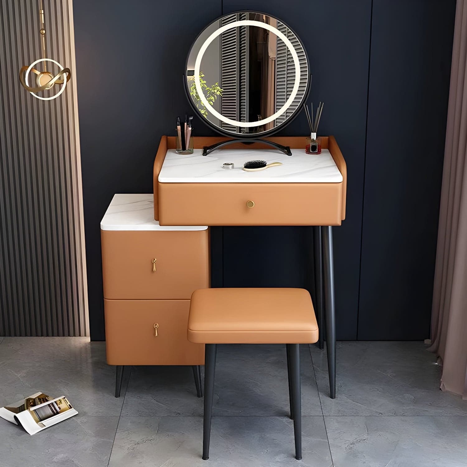 Contemporary Make-up Vanity with Stone Top and Metal Legs for Bedroom thumbnail 3