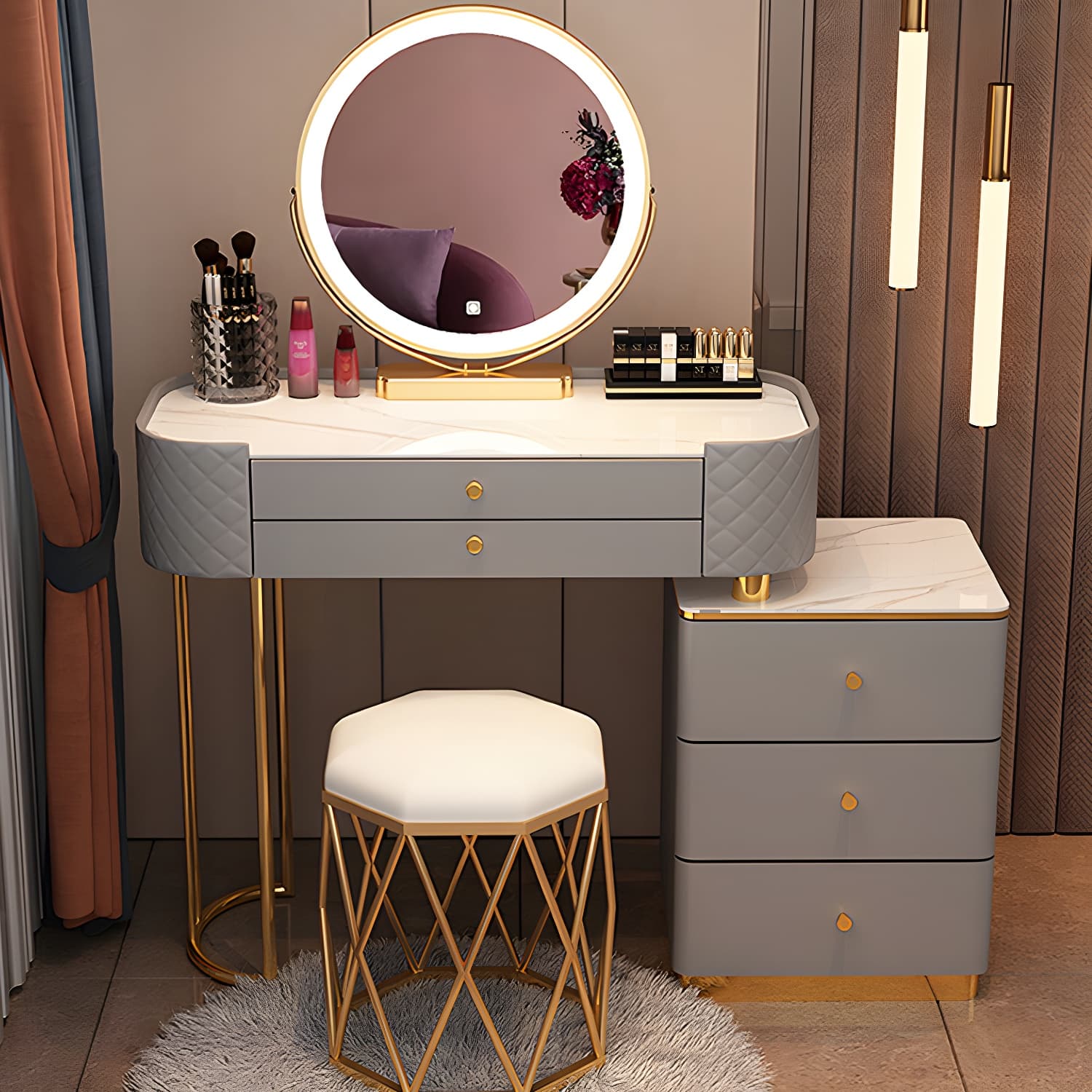 Lighted Mirror & Jewelry Makeup Vanity Metal Dressing Table Stool Set thumbnail 16