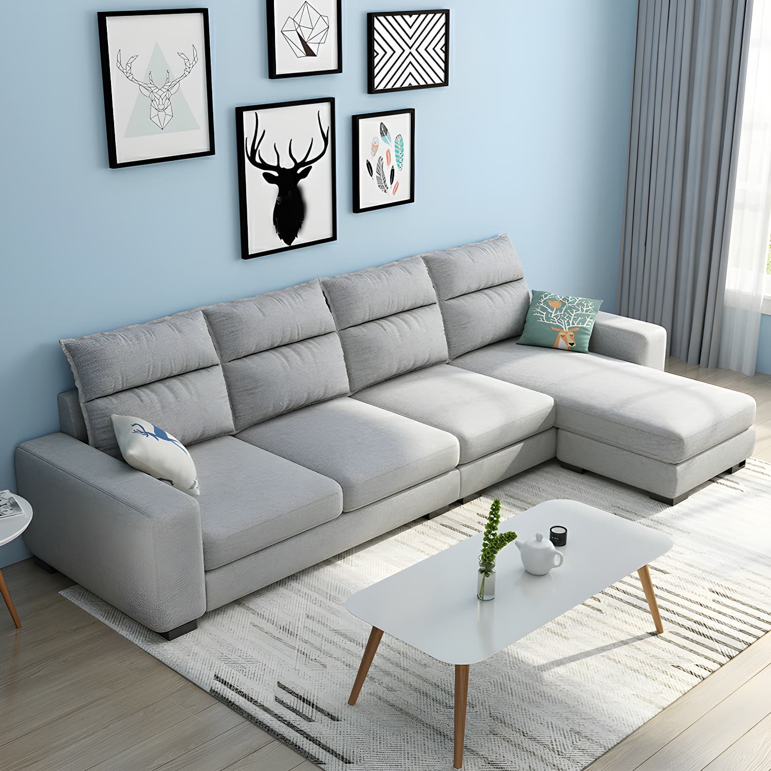 Scandinavian Wood Frame L-Shaped Modular Sofa Chaise in 2 Piece Set with Black Legs thumbnail 5