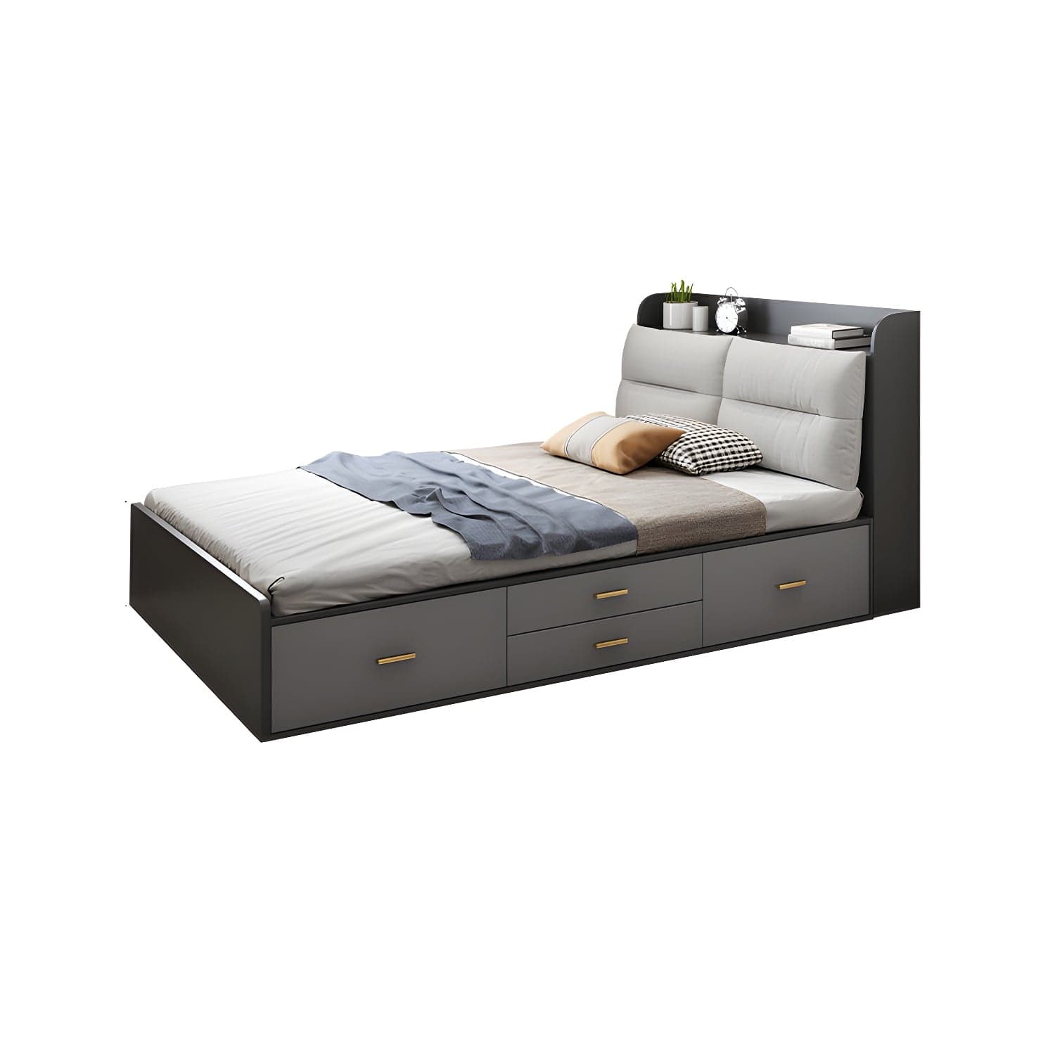 Scandinavian Low Profile Bed with Headboard Upholstered Bed with Drawers thumbnail 1