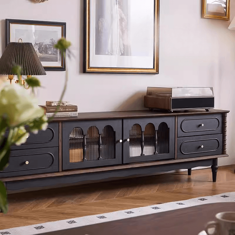 Pecan Art Deco Natural Wood TV Stand with 4 Drawers, Locker, Cable Management, and Adjustable Shelving thumbnail 3
