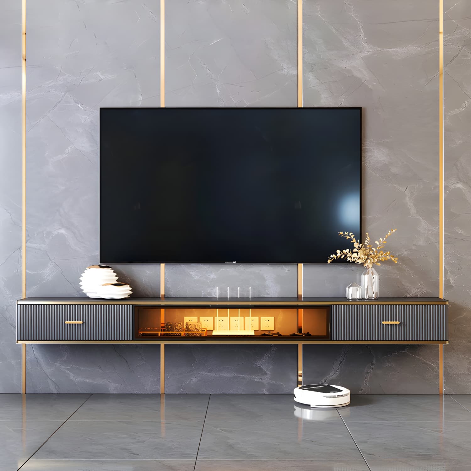 Glam Floating TV Media Stand with Drawers Stone and Wood TV Stand thumbnail 4