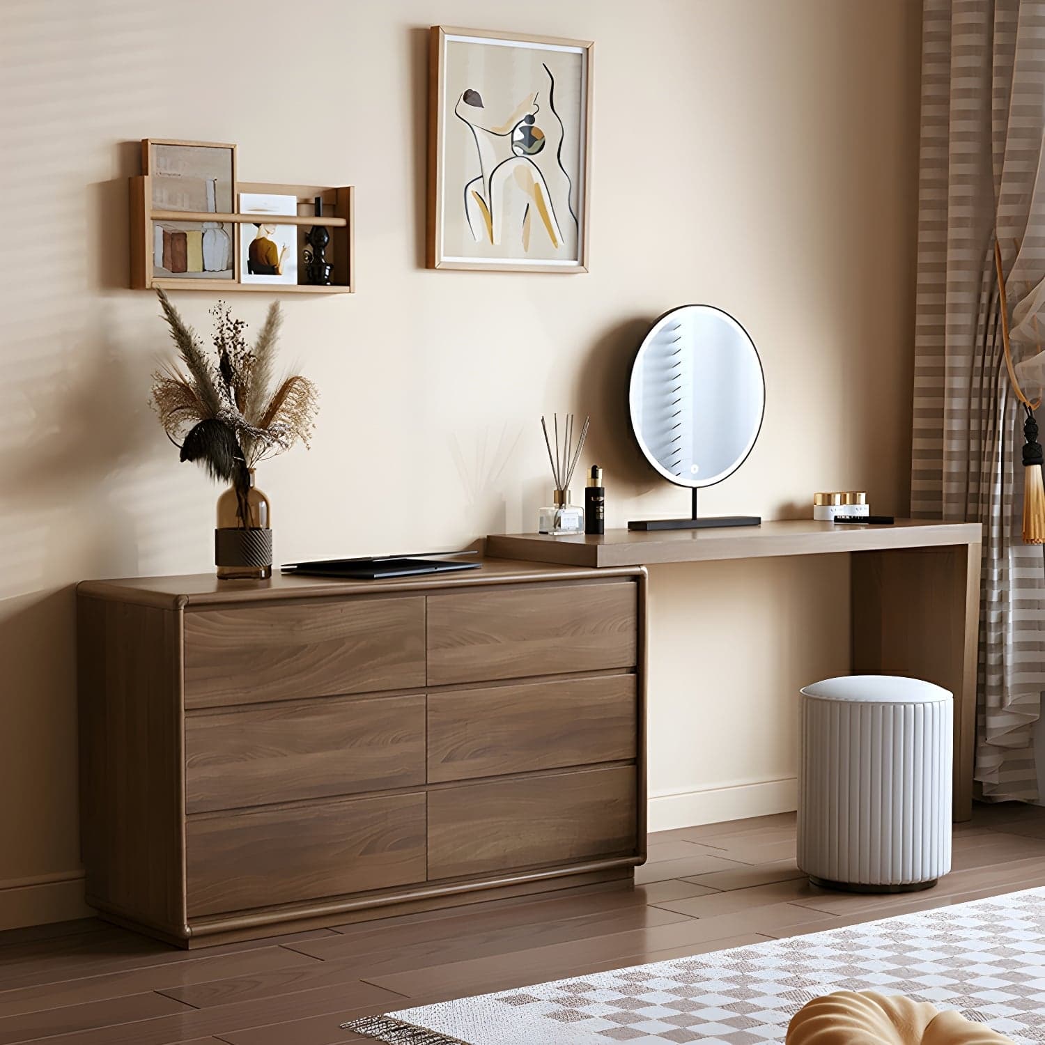 Modern Brown Wood Makeup Vanity with Drawers & Soft Close Drawer Glides
