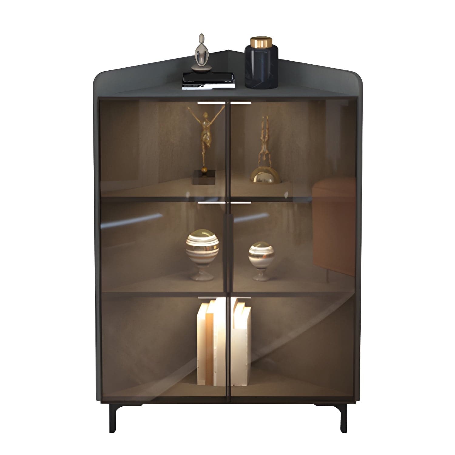 Scandinavian Corner Accent Cabinet with Glass Doors and Black Metal Base - Small Size thumbnail 5