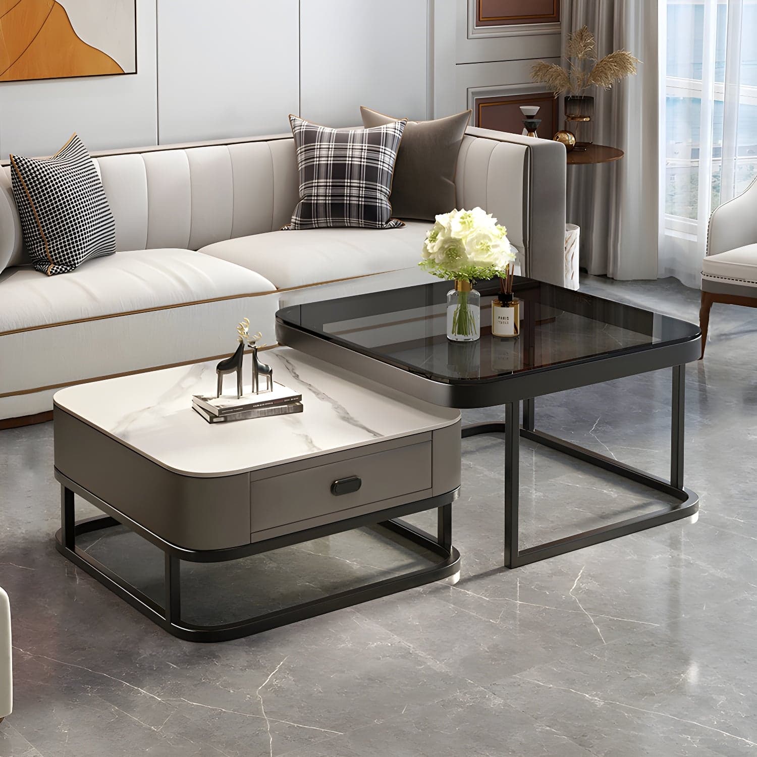 Slate Coffee Table Square 2 Nesting Coffee Table Set for Living Room thumbnail 4
