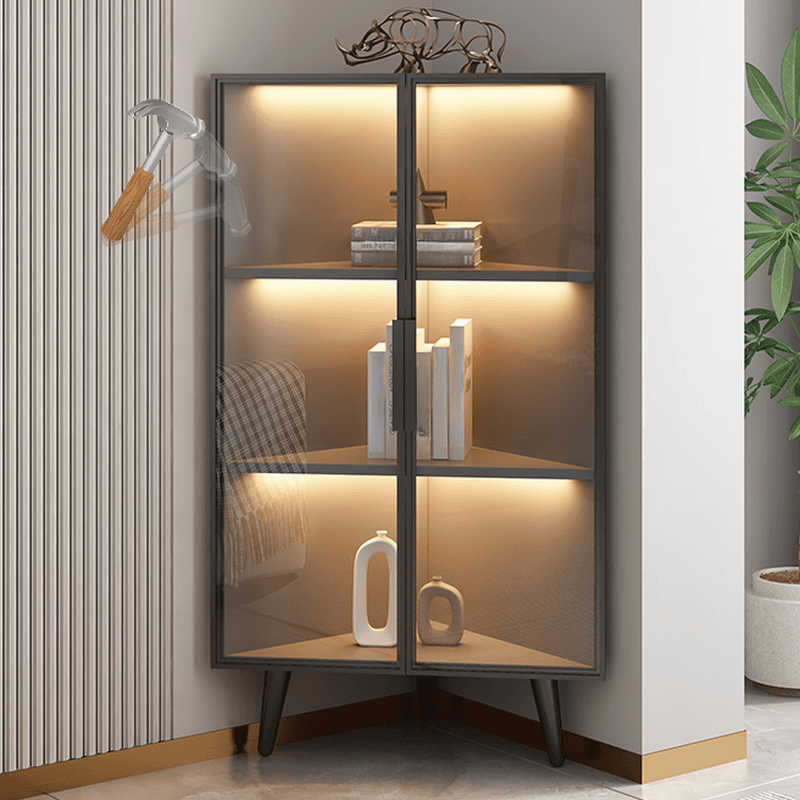 Dove Grey Scratch-immune Corner Accent Cabinet with Cabinet, Glass-panel Door, Adjustable Shelving and Handle Bars thumbnail 4