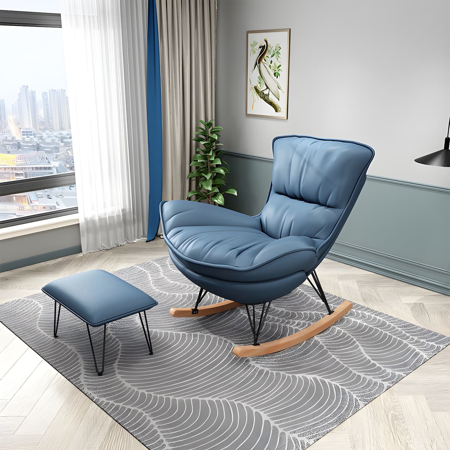 Modern Glider Chair Pure Color Metal Dark Legs Rocking Chair with Ottoman thumbnail 1