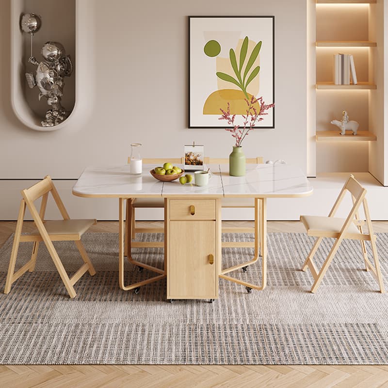 Scandinavian Folding Dining Set in Light Wood with Upholstered Chairs and Extendable Table thumbnail 3